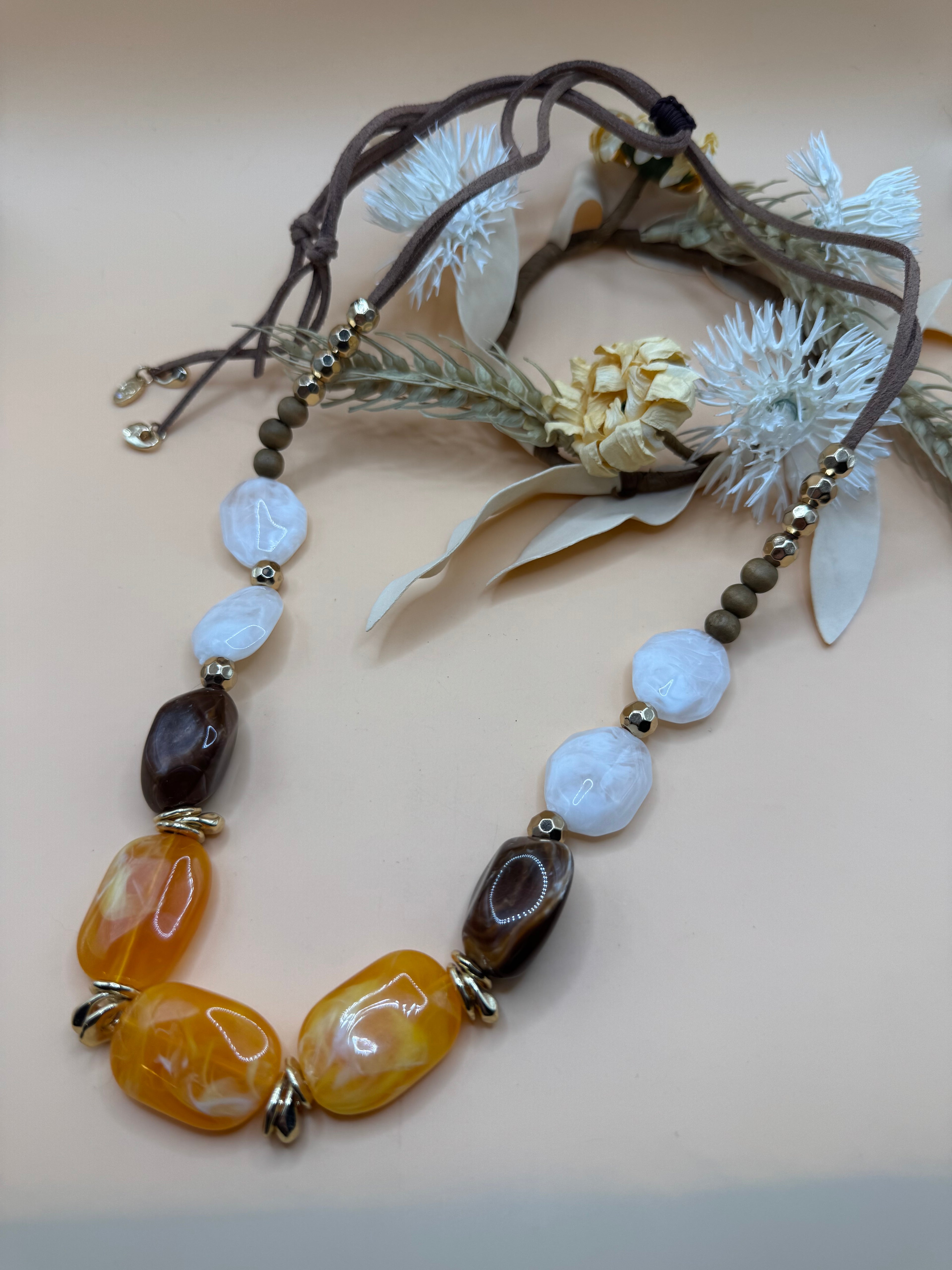 Brown Cord Necklace with Yellow Brown White Stones Gold Tone Accents