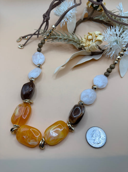 Brown Cord Necklace with Yellow Brown White Stones Gold Tone Accents