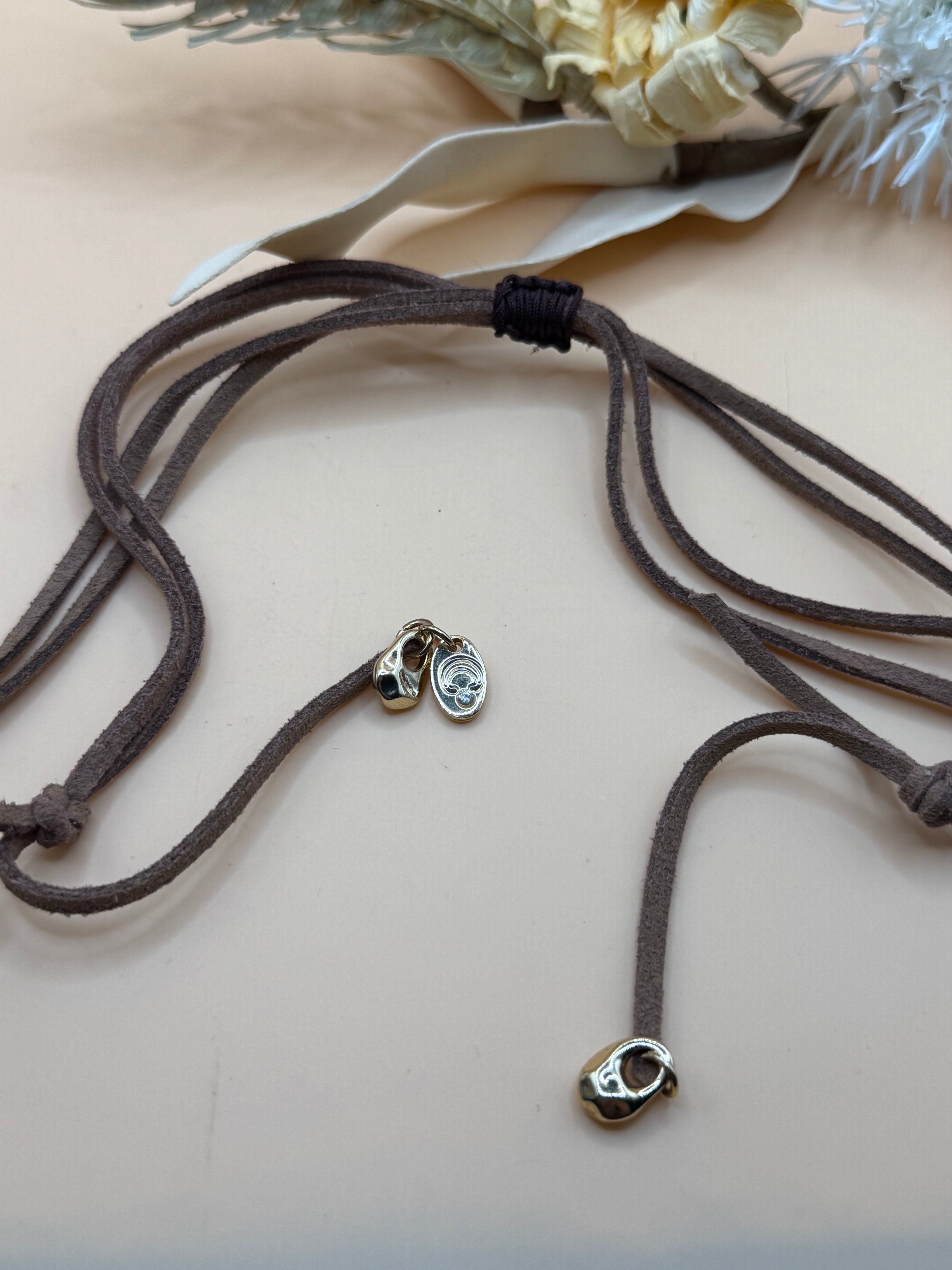 Brown Cord Necklace with Yellow Brown White Stones Gold Tone Accents