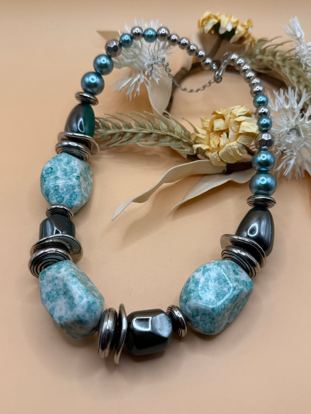 Silver Tone Teal Green Stone Beaded Necklace 16 Inch Statement Jewelry