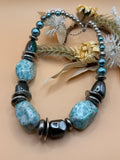Silver Tone Teal Green Stone Beaded Necklace 16 Inch Statement Jewelry