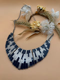 Silver Navy Blue Statement Bib Necklace Geometric Fan Design 18 Inch