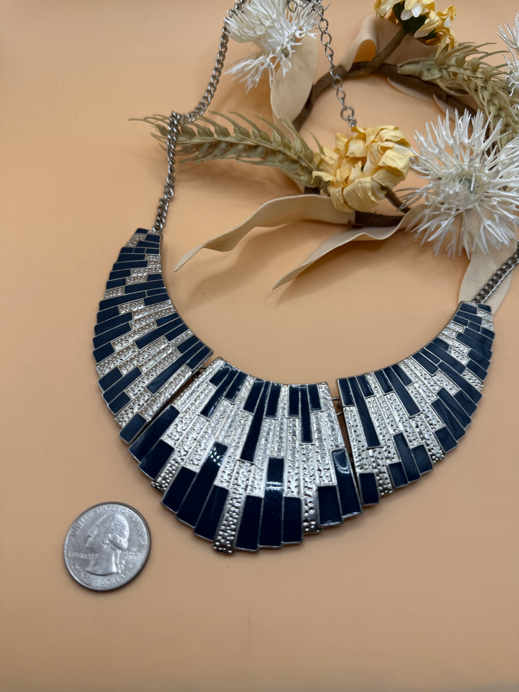 Silver Navy Blue Statement Bib Necklace Geometric Fan Design 18 Inch