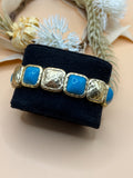 Gold Tone Blue Stone Stretch Bracelet Hammered Links Statement Jewelry
