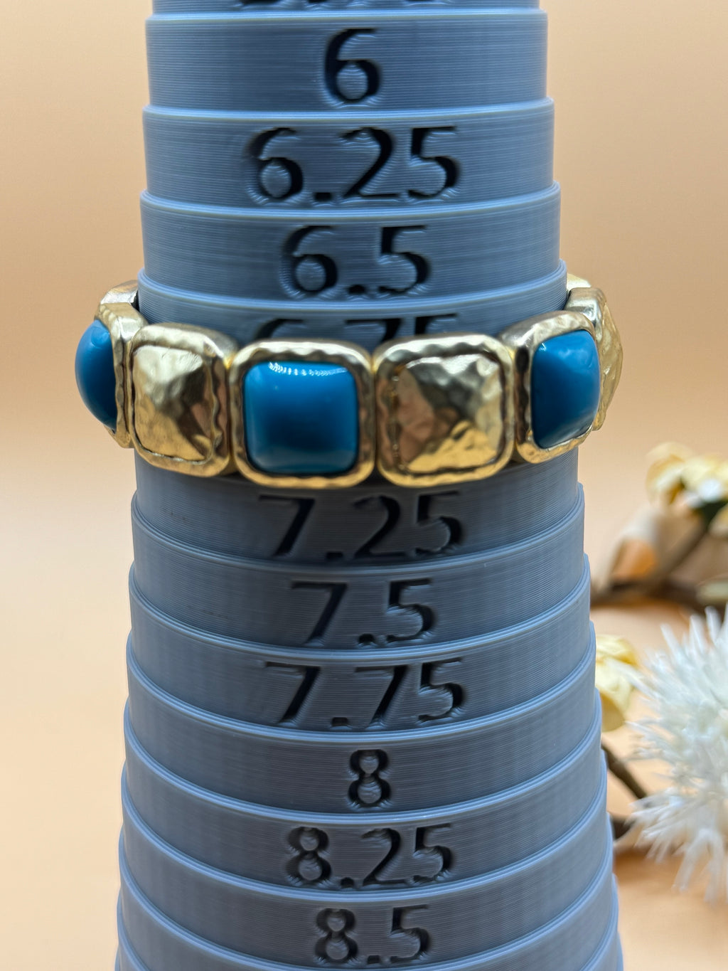 Gold Tone Blue Stone Stretch Bracelet Hammered Links Statement Jewelry