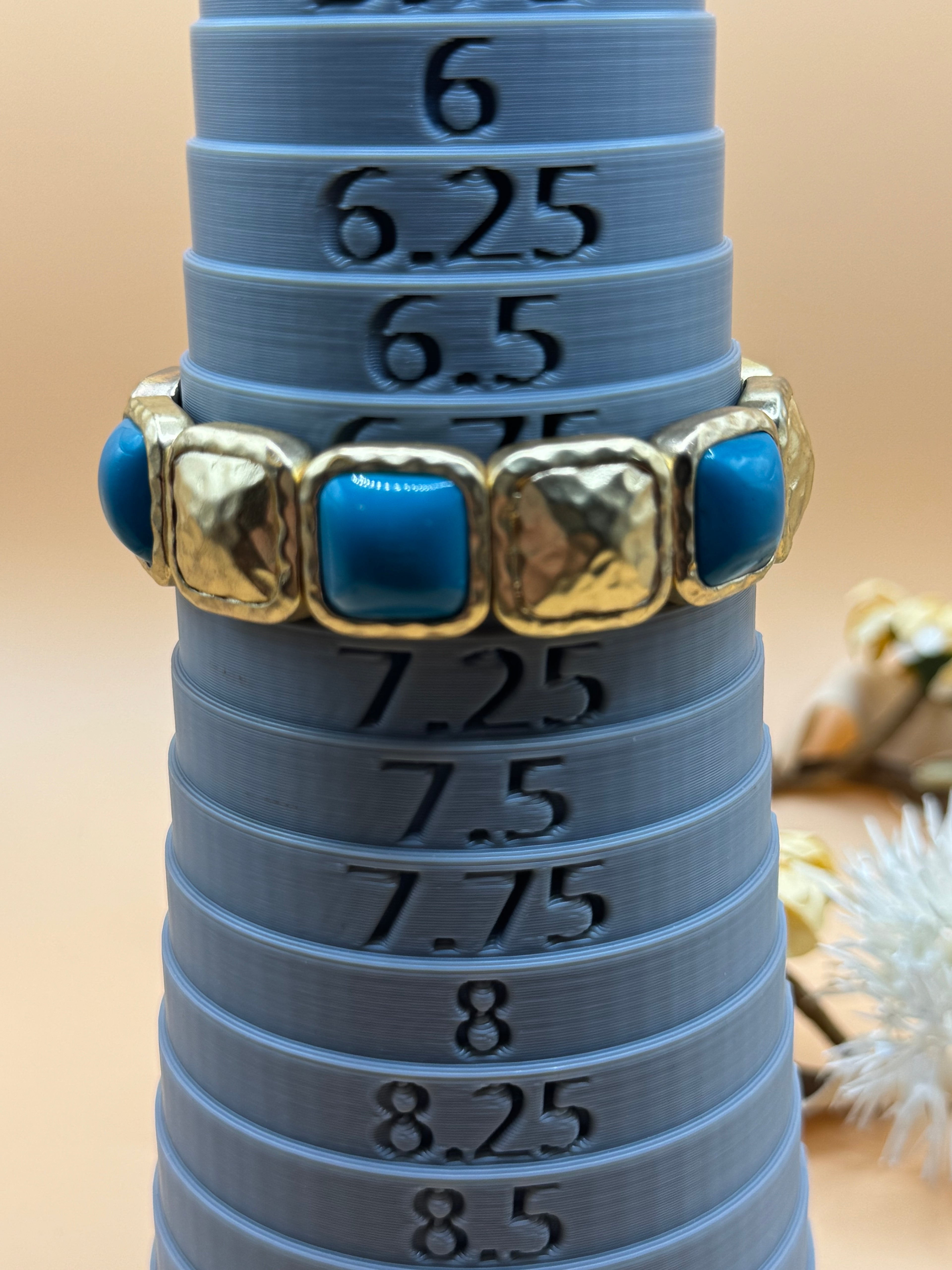 Gold Tone Blue Stone Stretch Bracelet Hammered Links Statement Jewelry