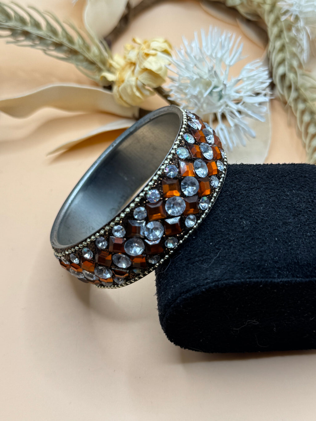 Silver Tone Amber Clear Rhinestone Cuff Bracelet Statement Jewelry