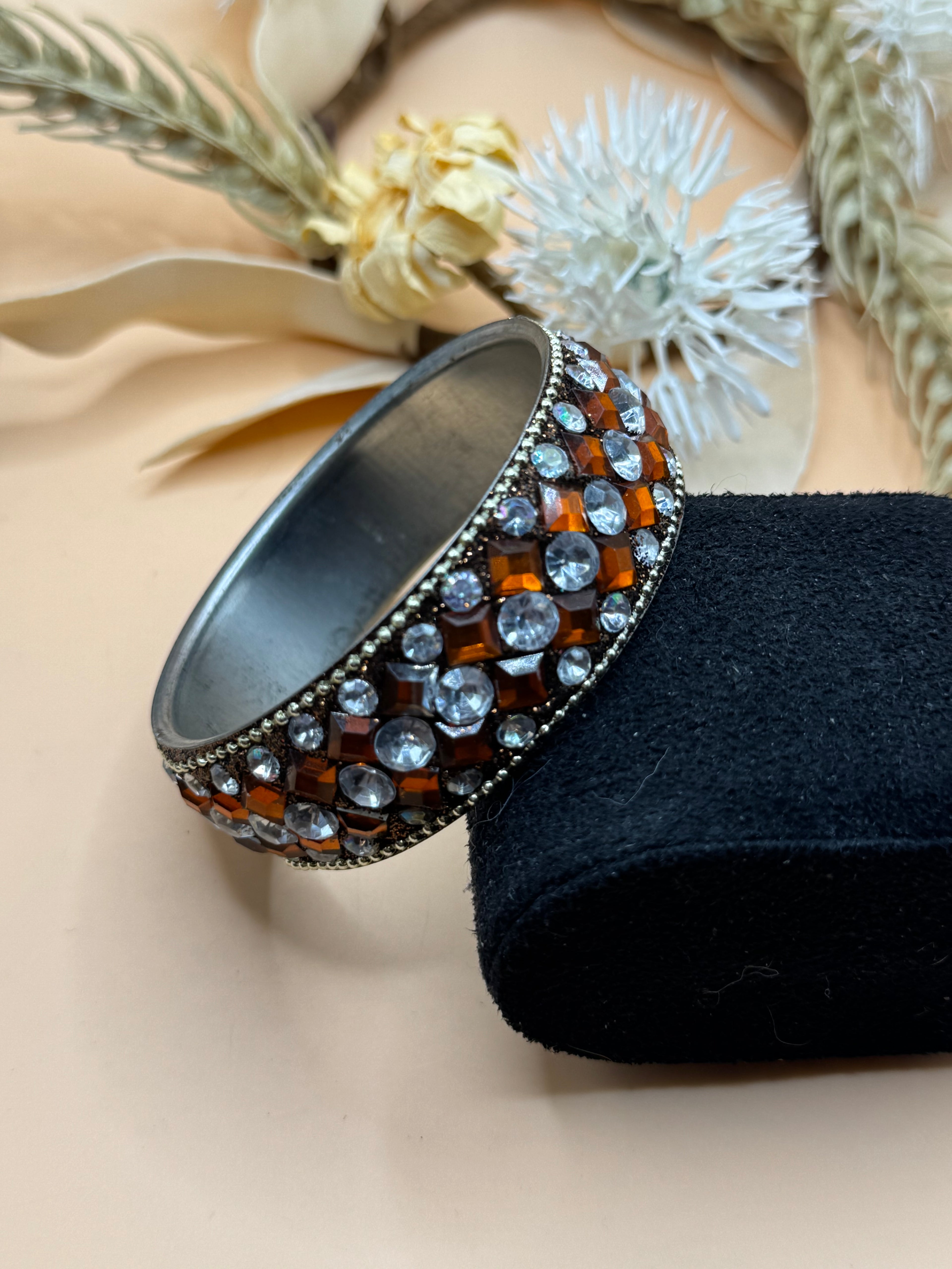 Silver Tone Amber Clear Rhinestone Cuff Bracelet Statement Jewelry