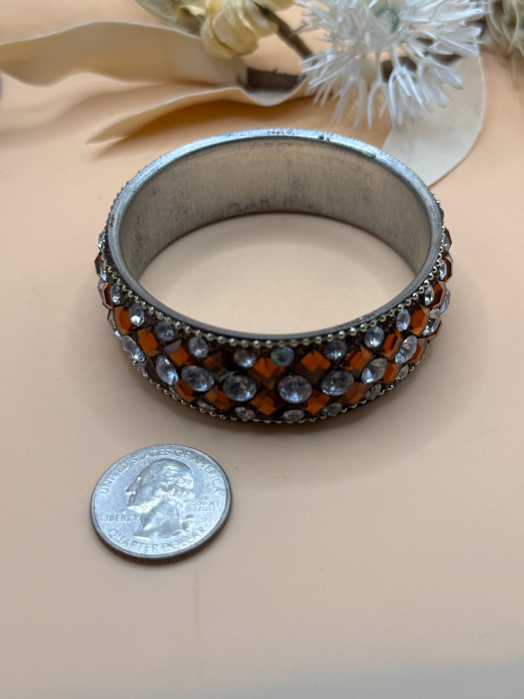 Silver Tone Amber Clear Rhinestone Cuff Bracelet Statement Jewelry