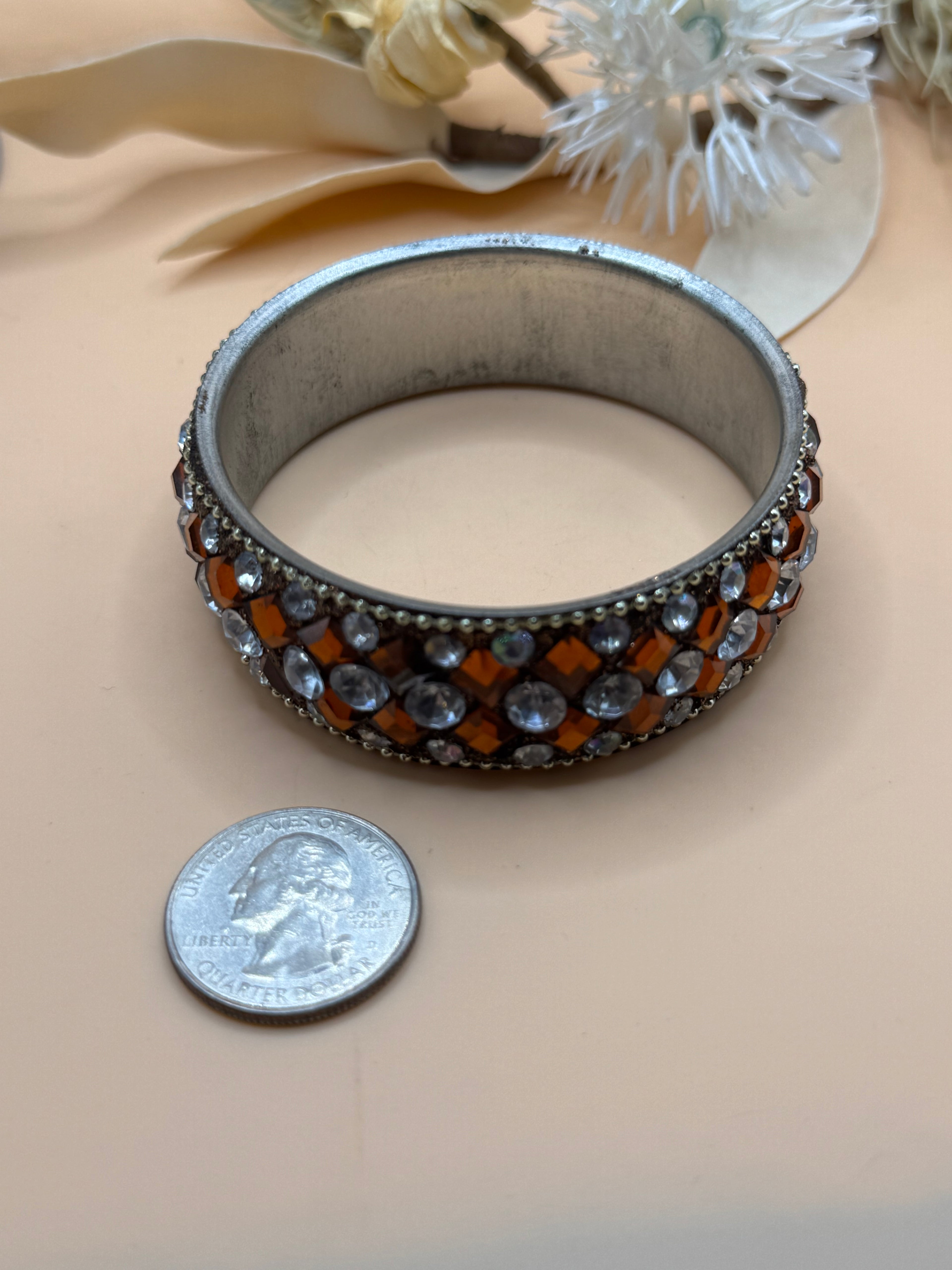 Silver Tone Amber Clear Rhinestone Cuff Bracelet Statement Jewelry