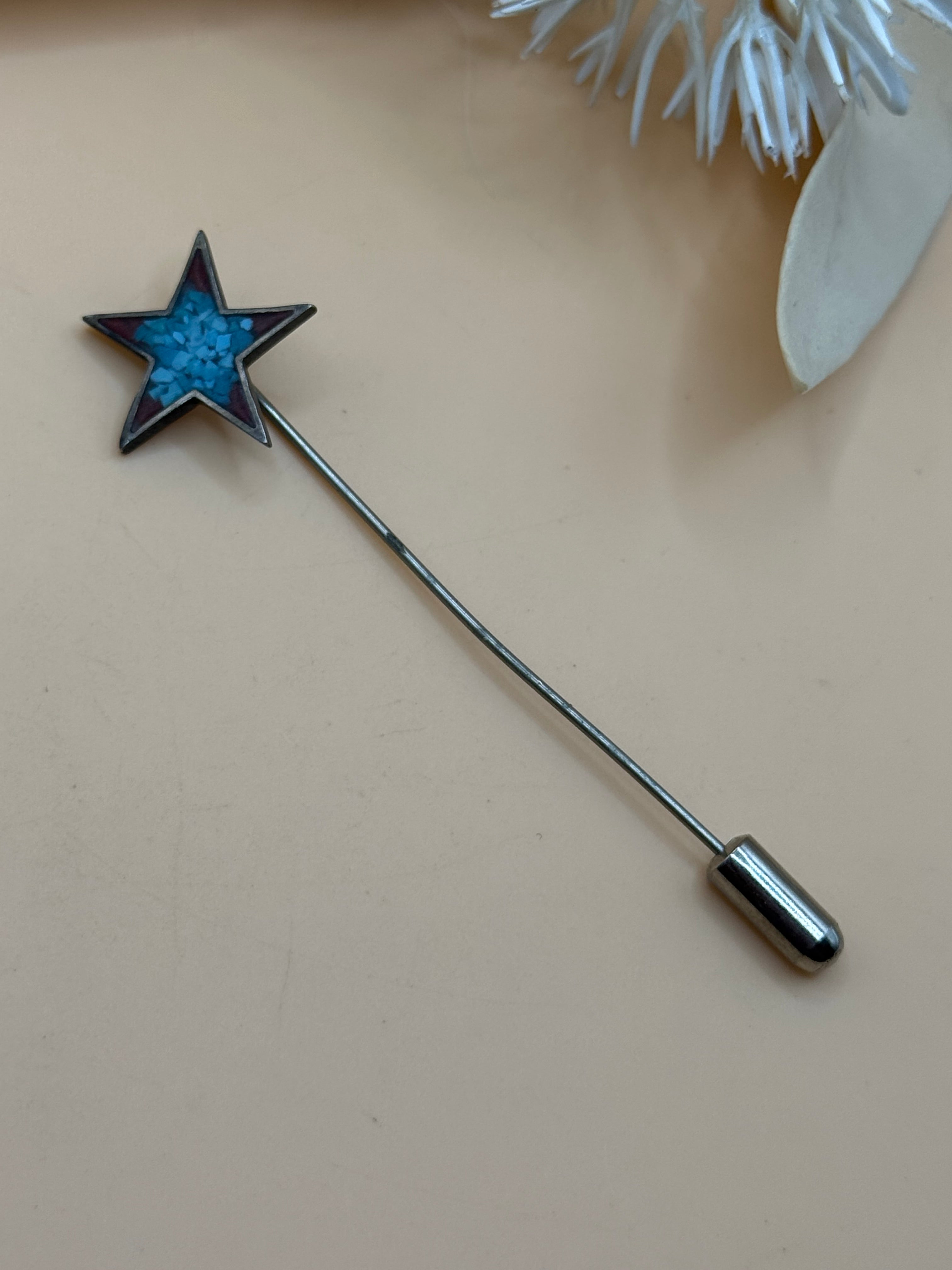Silver Tone Blue Mosaic Star Stick Pin Lapel Hat Scarf Sweater Brooch Pin