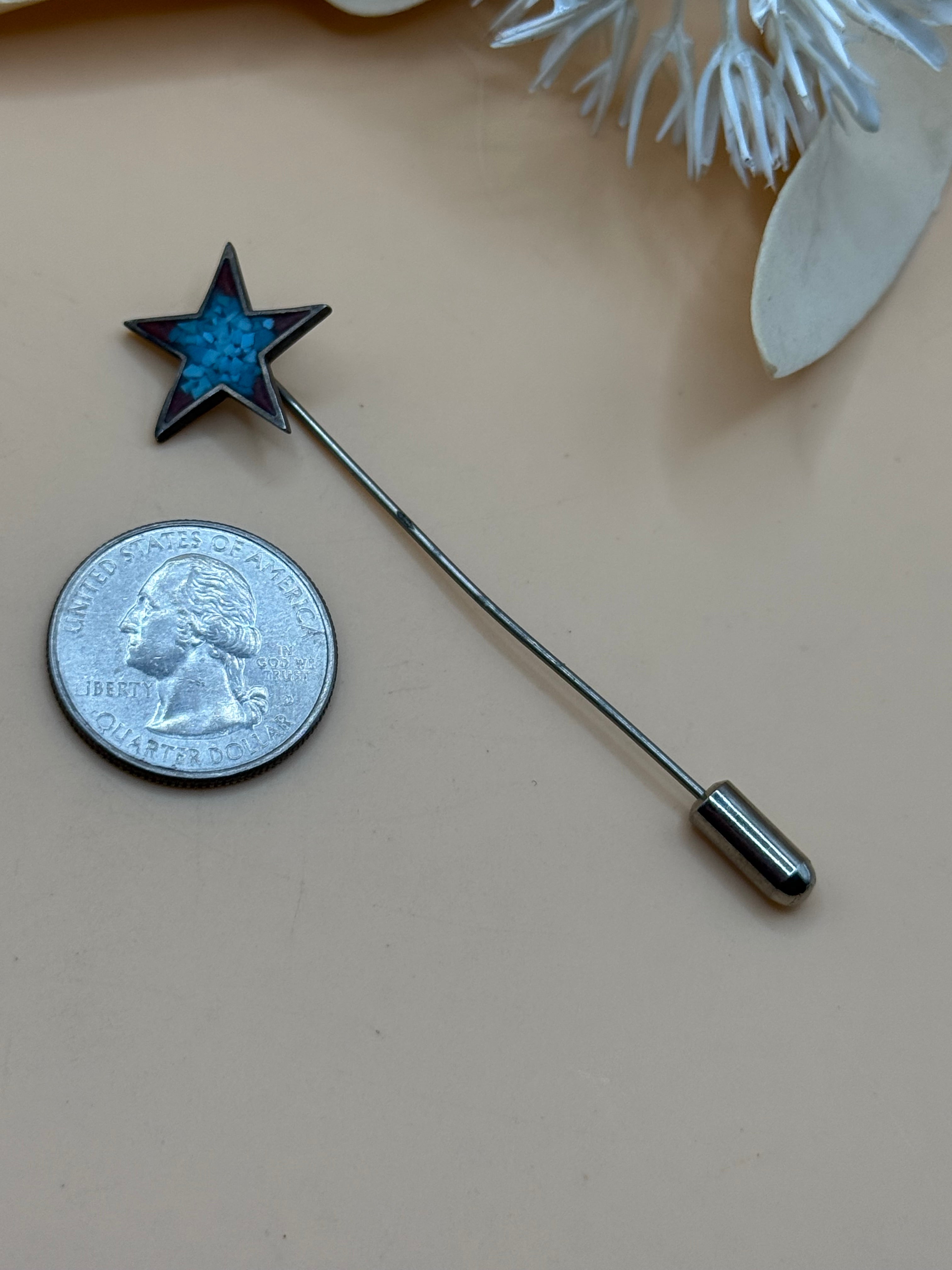 Silver Tone Blue Mosaic Star Stick Pin Lapel Hat Scarf Sweater Brooch Pin