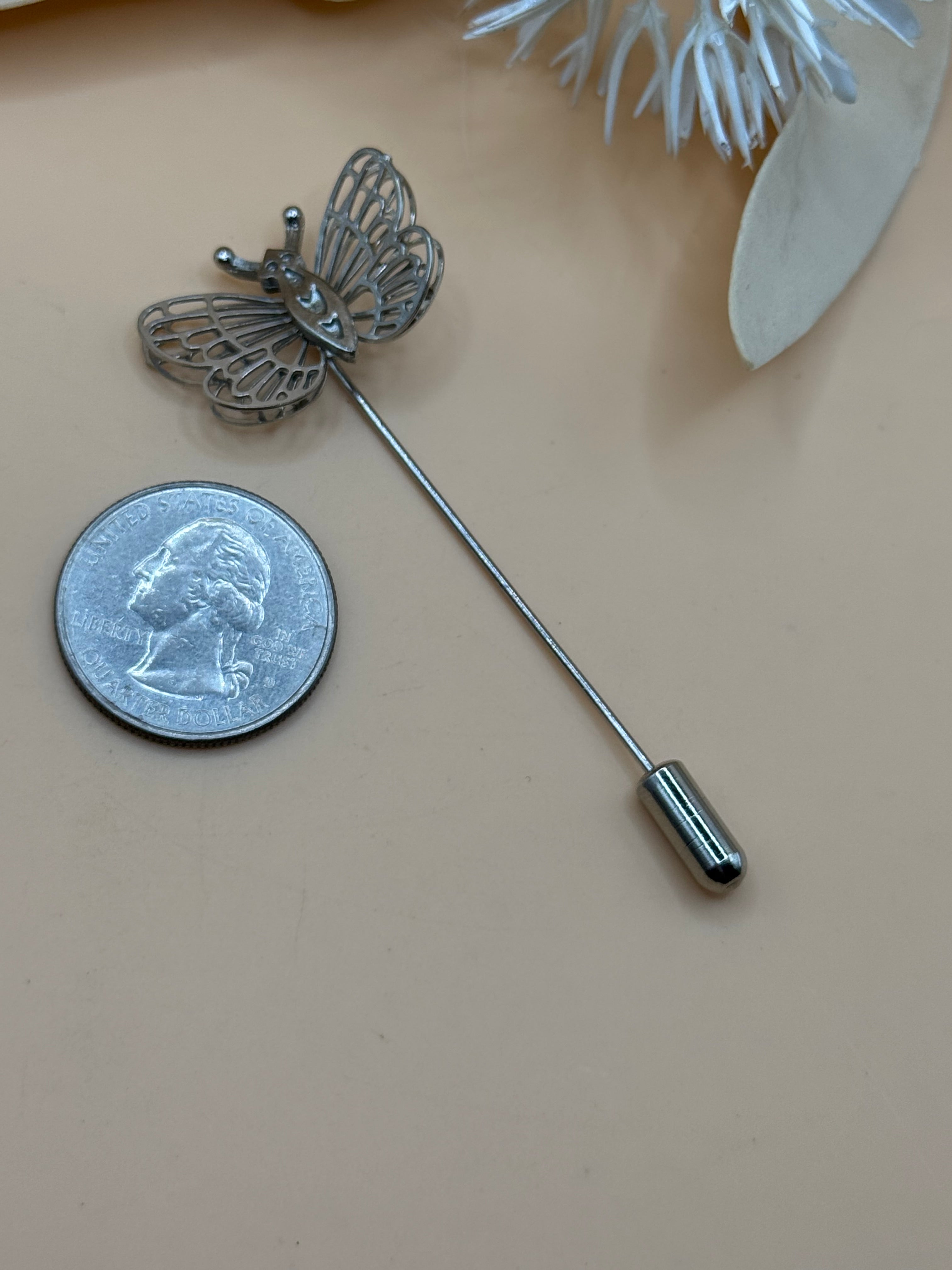 Silver Tone Openwork Butterfly Stick Pin Lapel Hat Scarf Sweater Brooch Pin