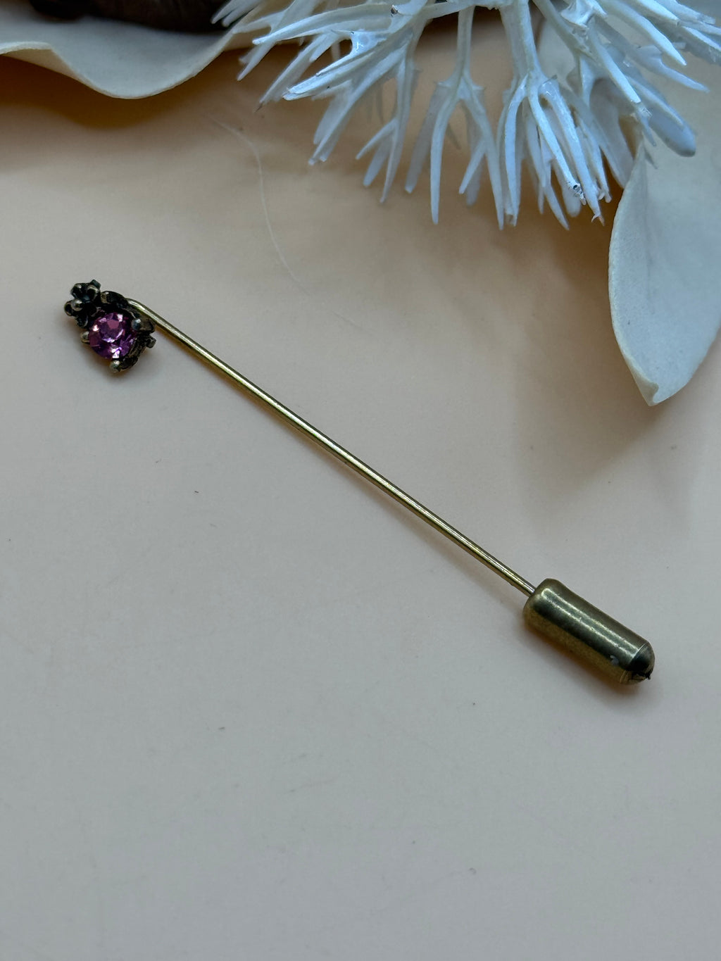 Gold Tone Pink Rhinestone Floral Stick Pin Lapel Hat Scarf Sweater Brooch Pin