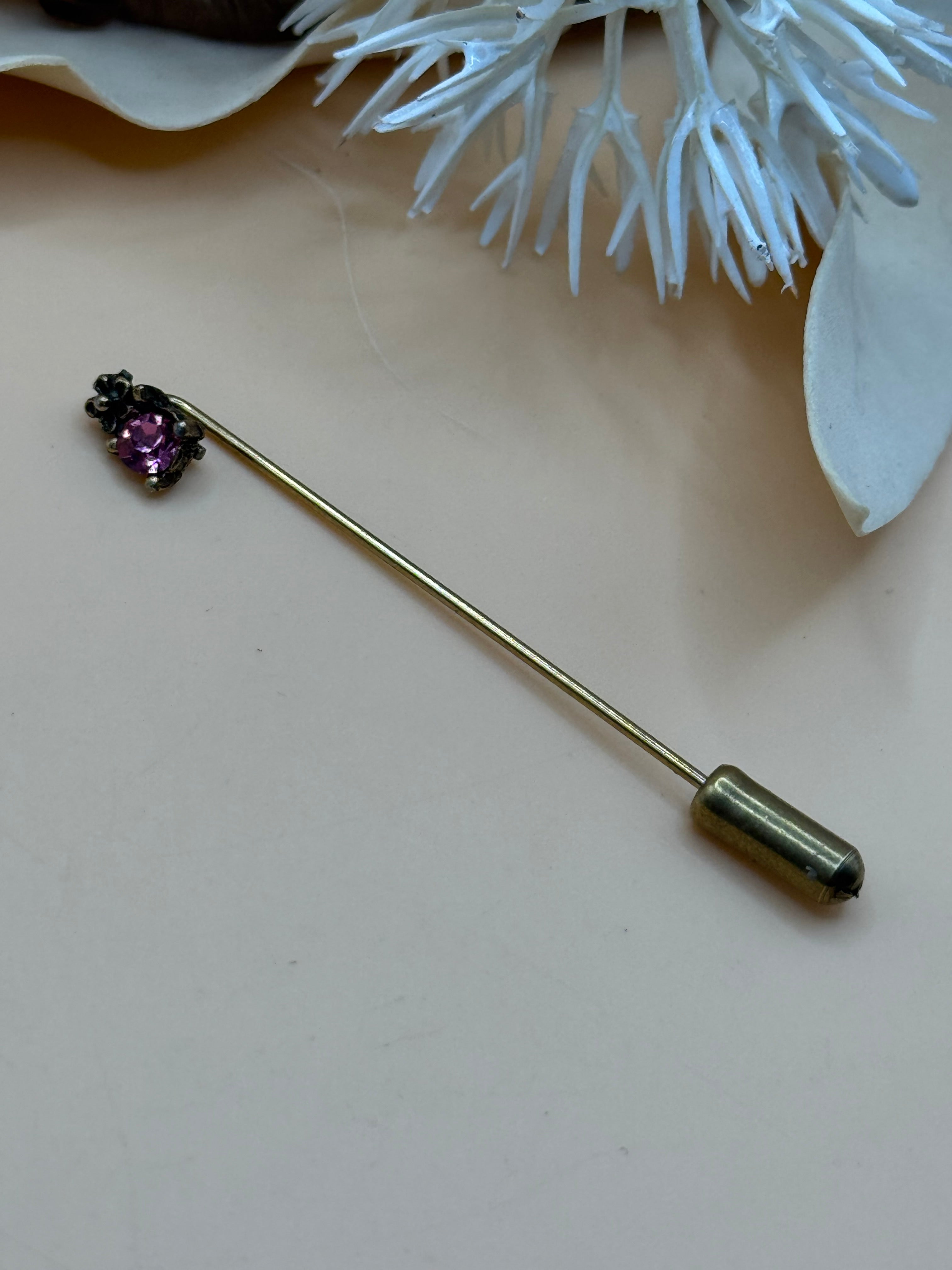 Gold Tone Pink Rhinestone Floral Stick Pin Lapel Hat Scarf Sweater Brooch Pin