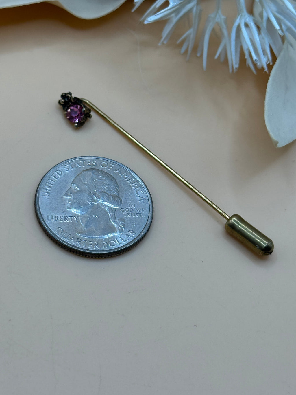 Gold Tone Pink Rhinestone Floral Stick Pin Lapel Hat Scarf Sweater Brooch Pin