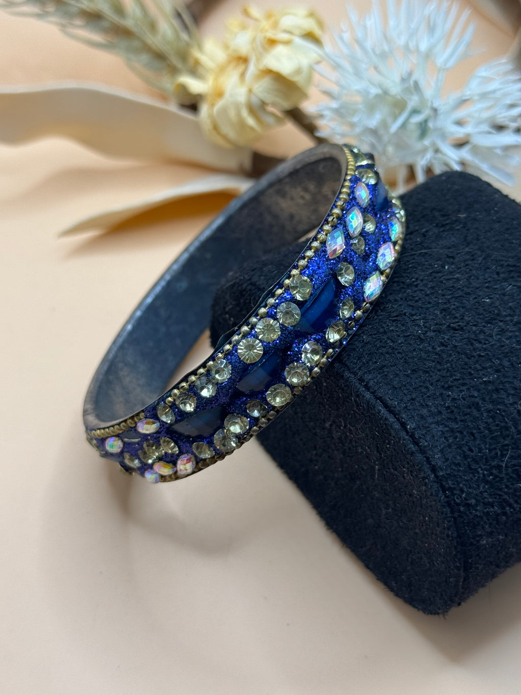 Blue Rhinestone Bangle Bracelet Glitter Enamel AB Crystal Statement Cuff