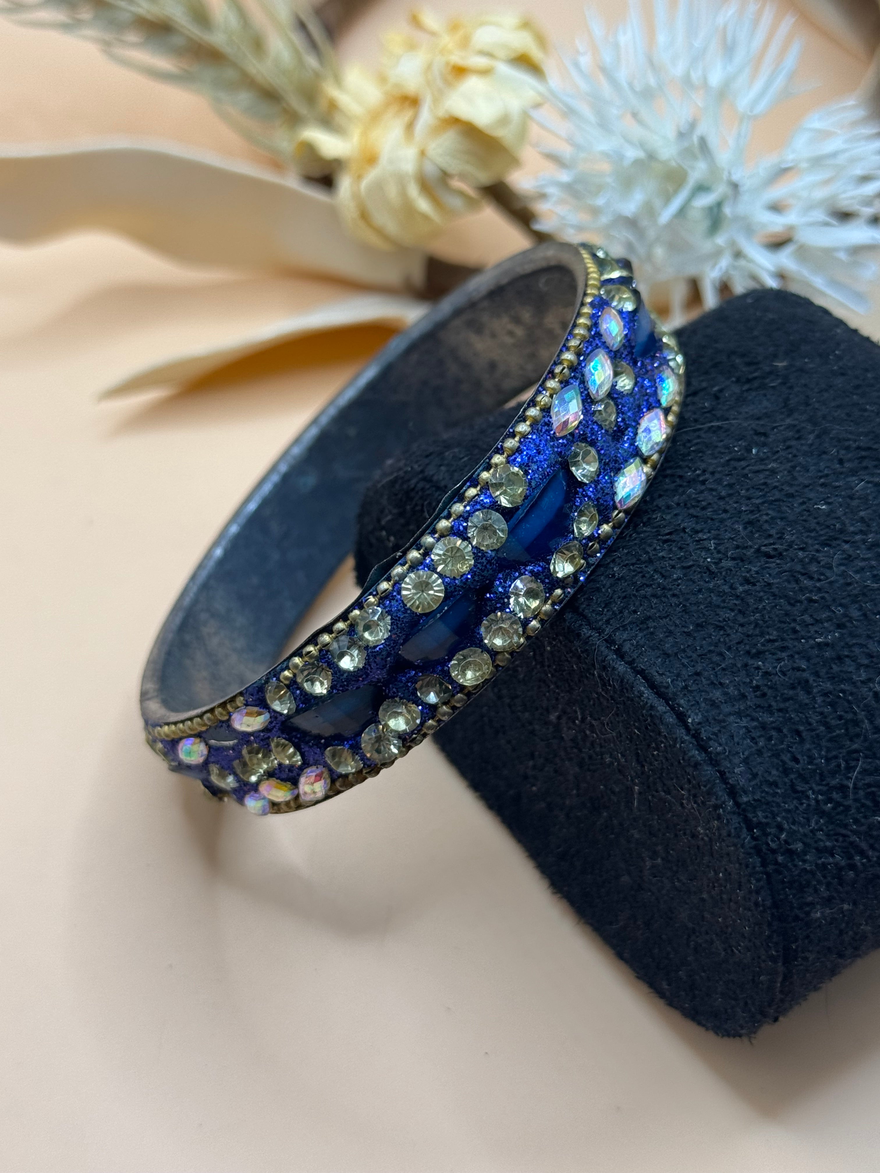 Blue Rhinestone Bangle Bracelet Glitter Enamel AB Crystal Statement Cuff
