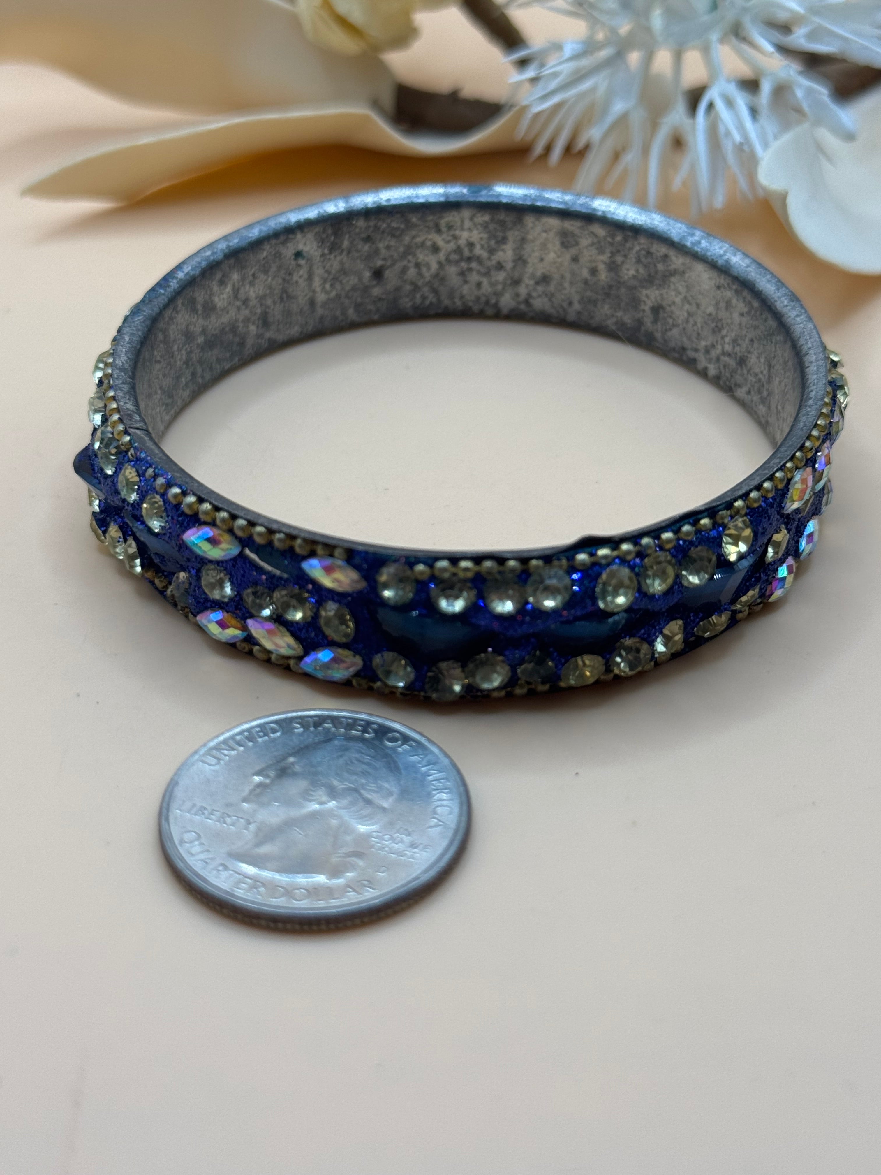 Blue Rhinestone Bangle Bracelet Glitter Enamel AB Crystal Statement Cuff