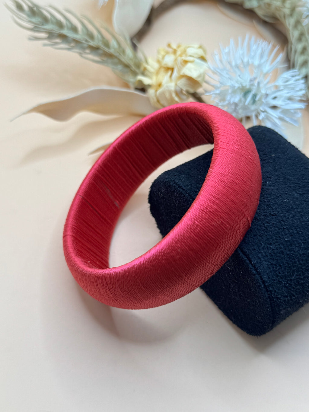 Pink Satin Thread Wrapped Wide Bangle Bracelet Statement Fashion Jewelry Cuff