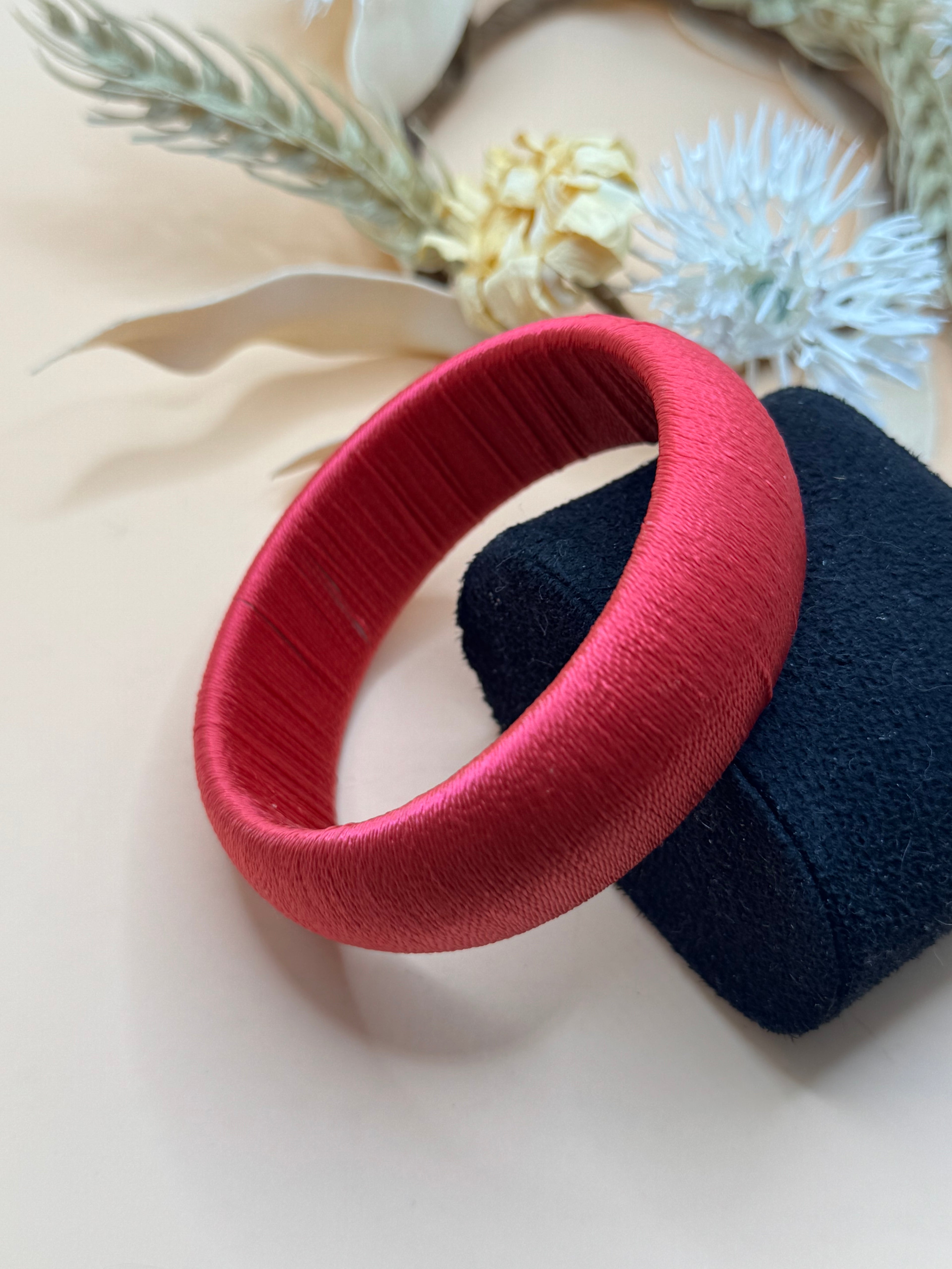 Pink Satin Thread Wrapped Wide Bangle Bracelet Statement Fashion Jewelry Cuff