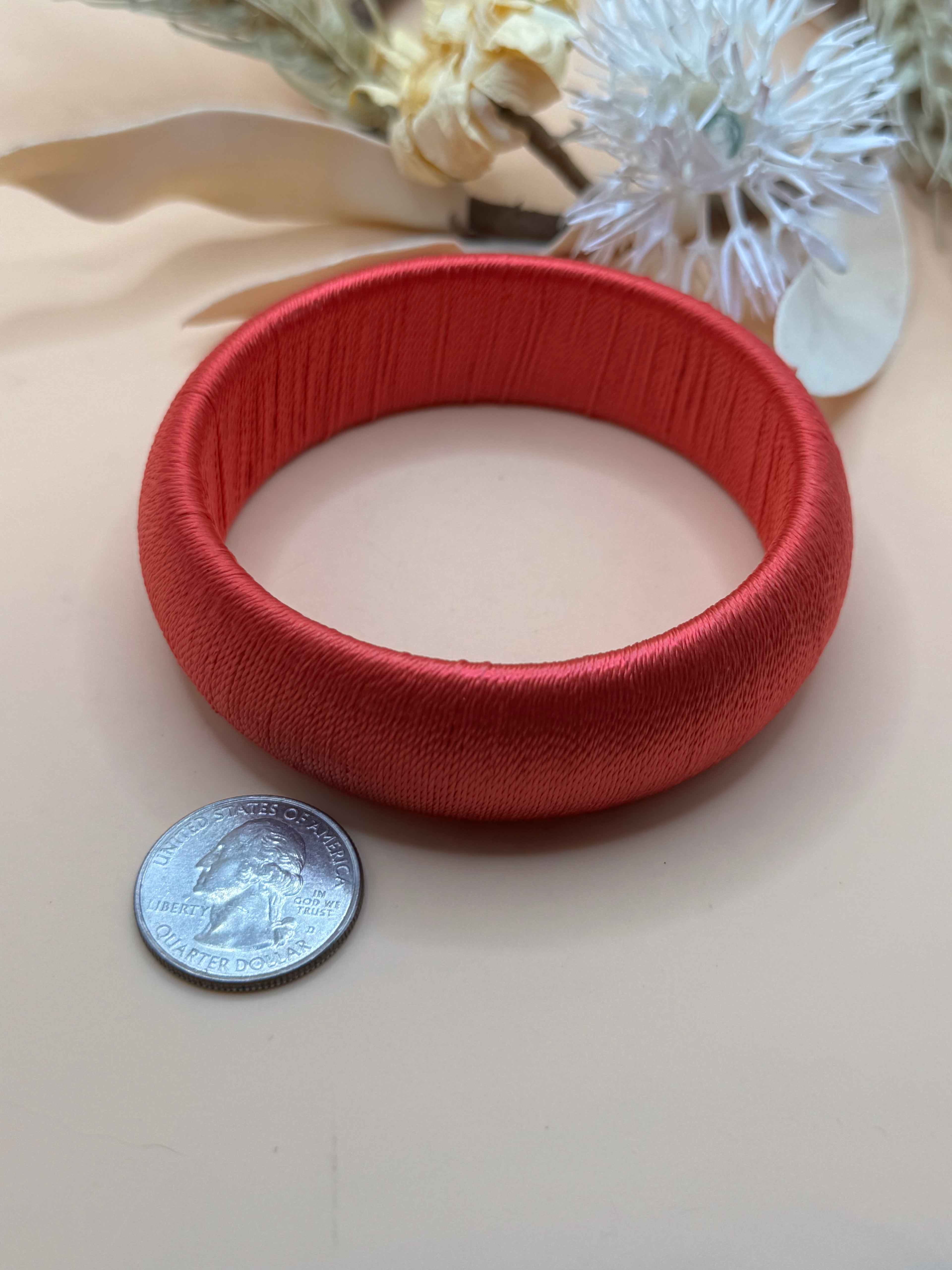 Pink Satin Thread Wrapped Wide Bangle Bracelet Statement Fashion Jewelry Cuff