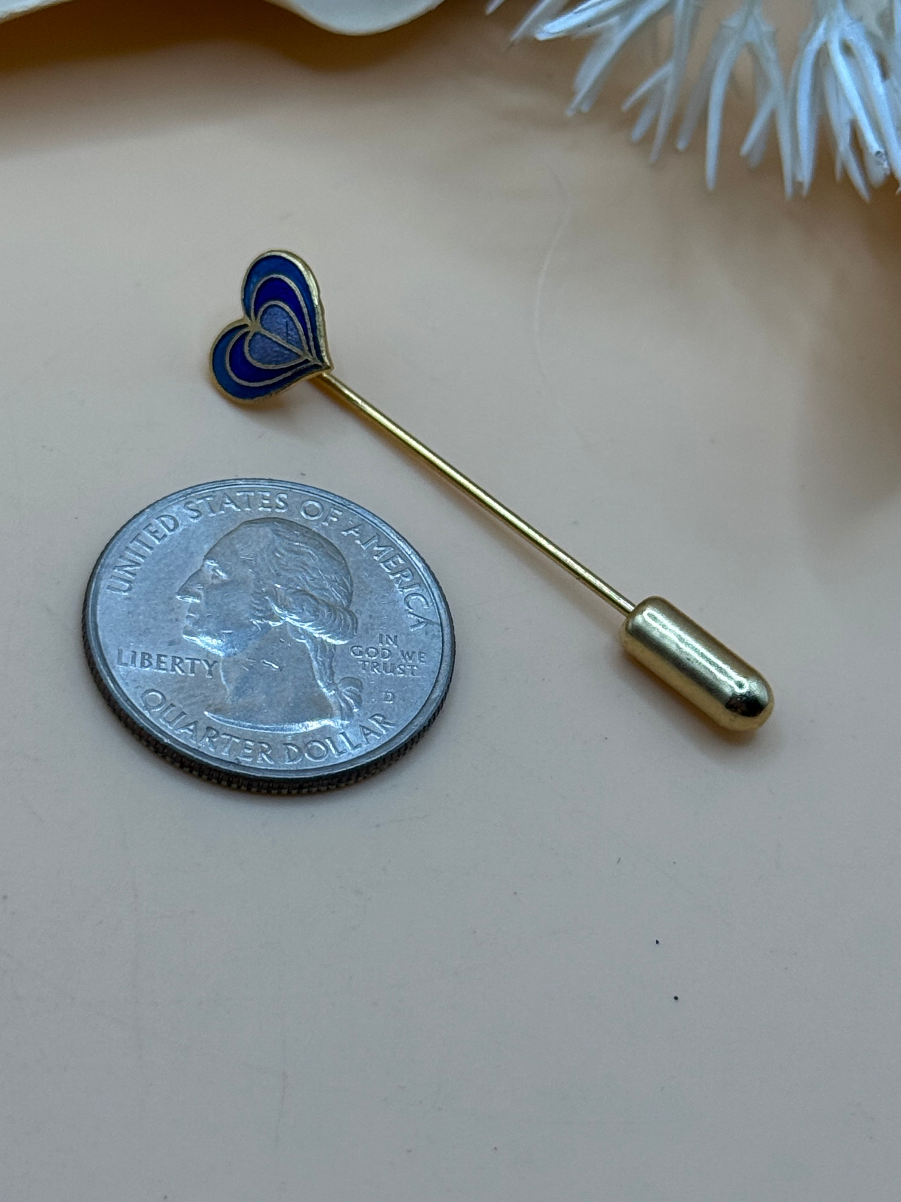 Gold Tone Blue Enamel Layered Heart Stick Pin Lapel Hat Scarf Brooch Valentine’s