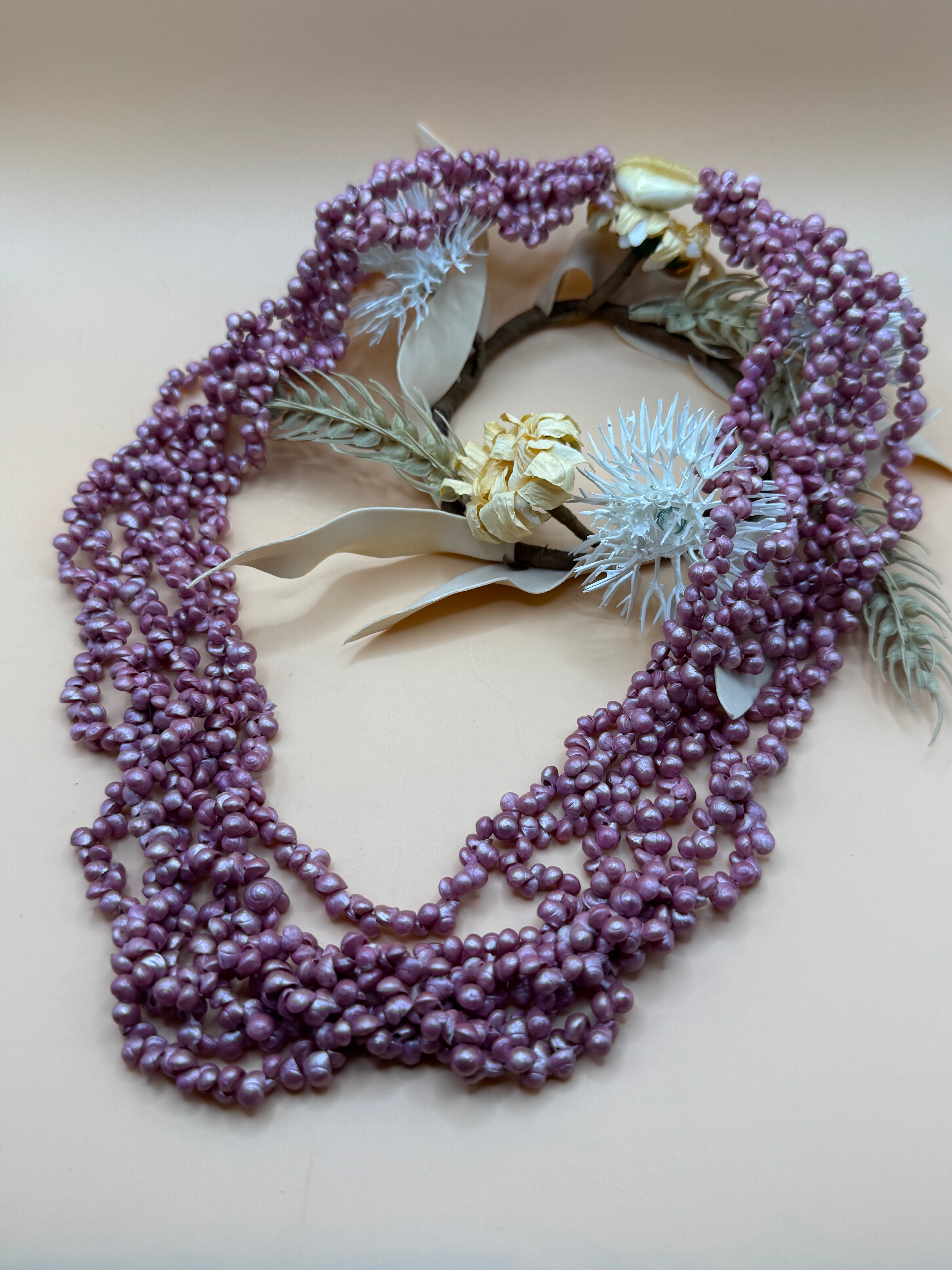 22” Purple Dyed Tiny Shell Multi Strand Torsade Necklace Statement Beach Boho