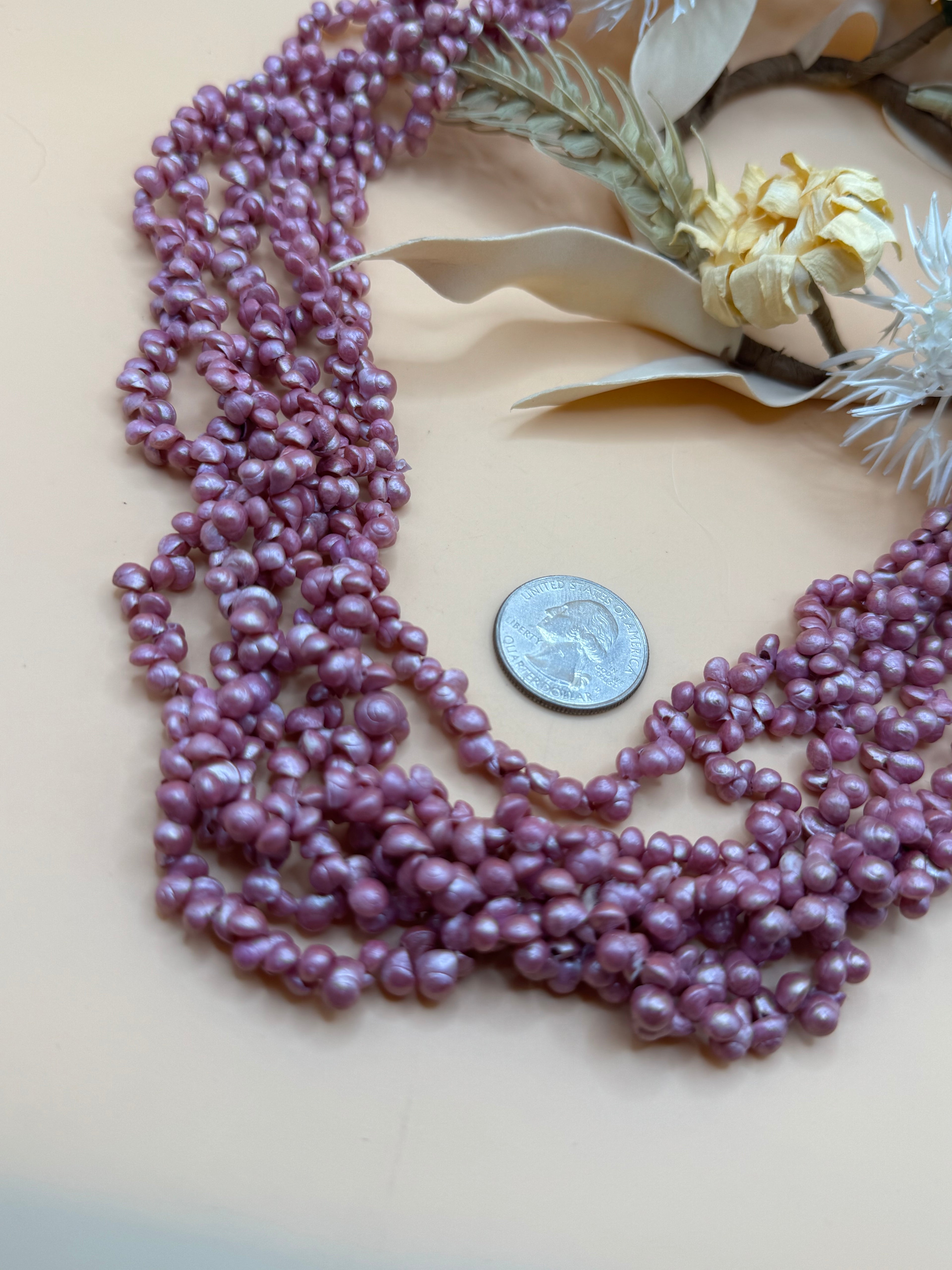 22” Purple Dyed Tiny Shell Multi Strand Torsade Necklace Statement Beach Boho