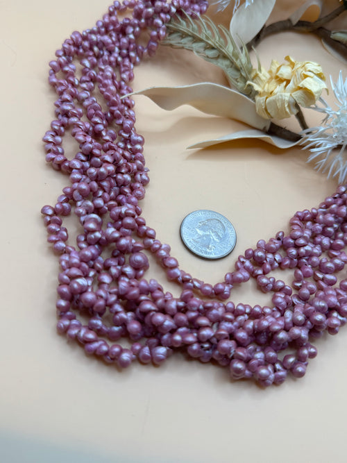 22” Purple Dyed Tiny Shell Multi Strand Torsade Necklace Statement Beach Boho