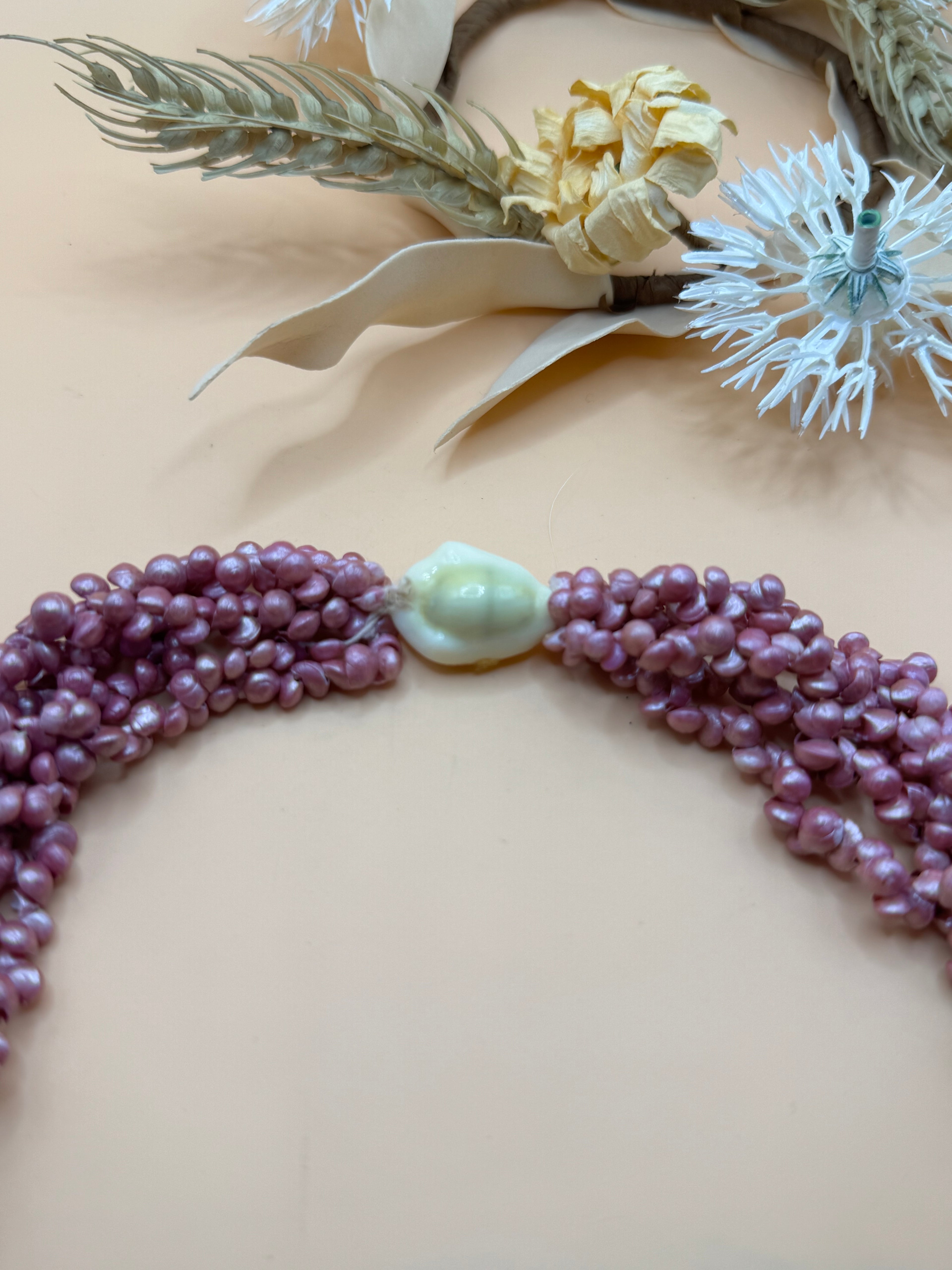 22” Purple Dyed Tiny Shell Multi Strand Torsade Necklace Statement Beach Boho