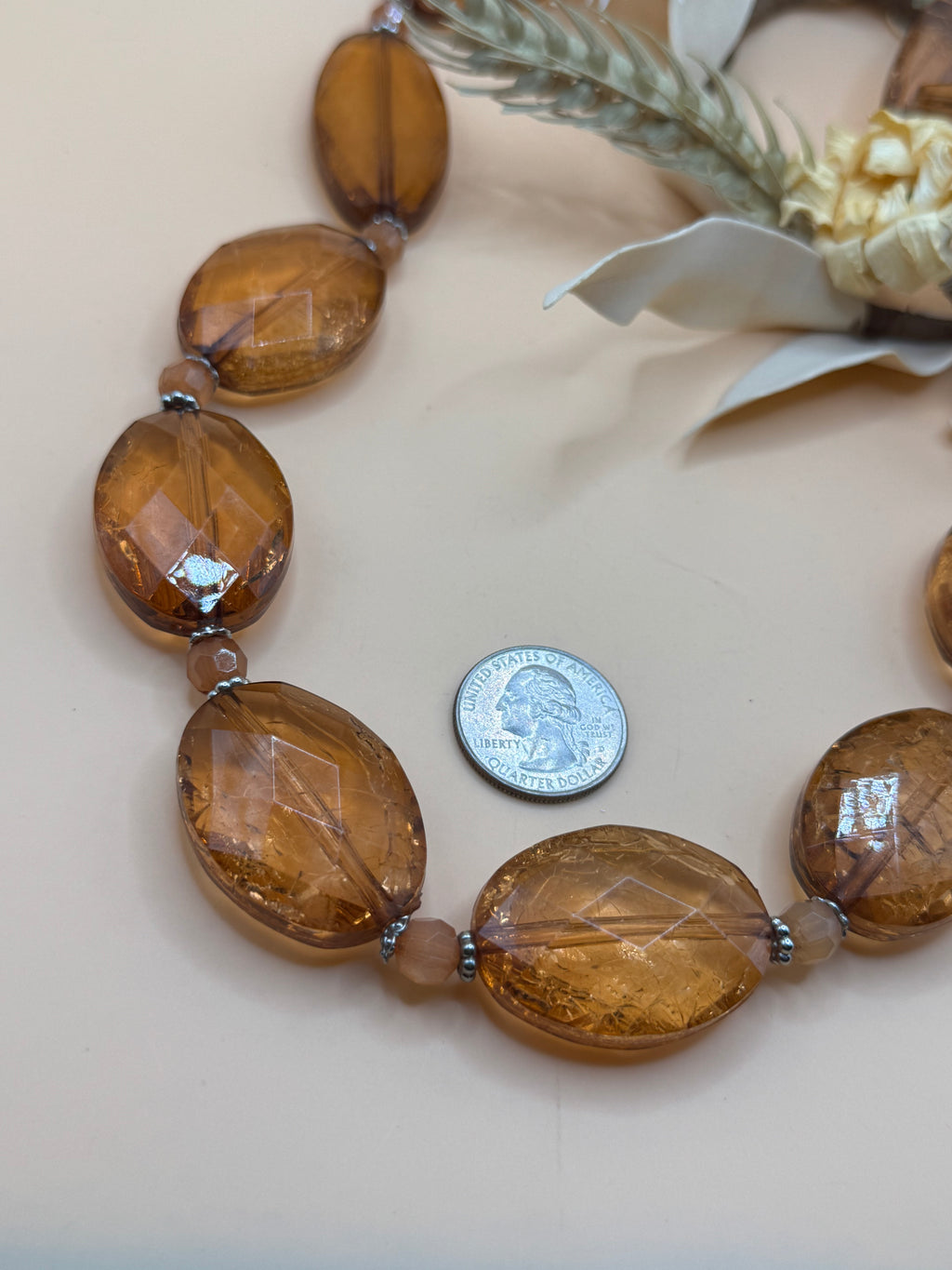 Amber Faceted Acrylic Bead Statement Necklace Silver Tone 24 Inch Adjustable