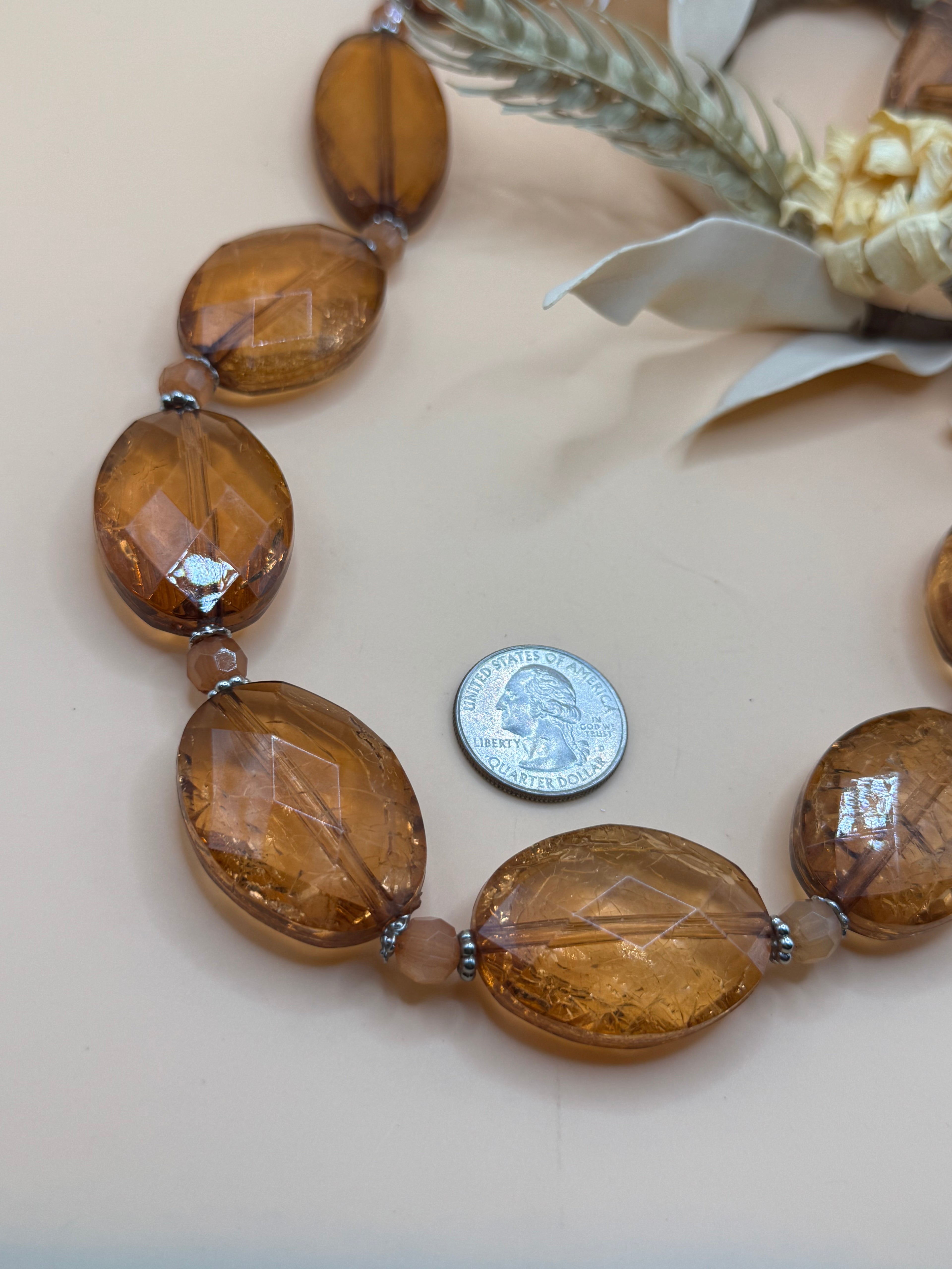 Amber Faceted Acrylic Bead Statement Necklace Silver Tone 24 Inch Adjustable