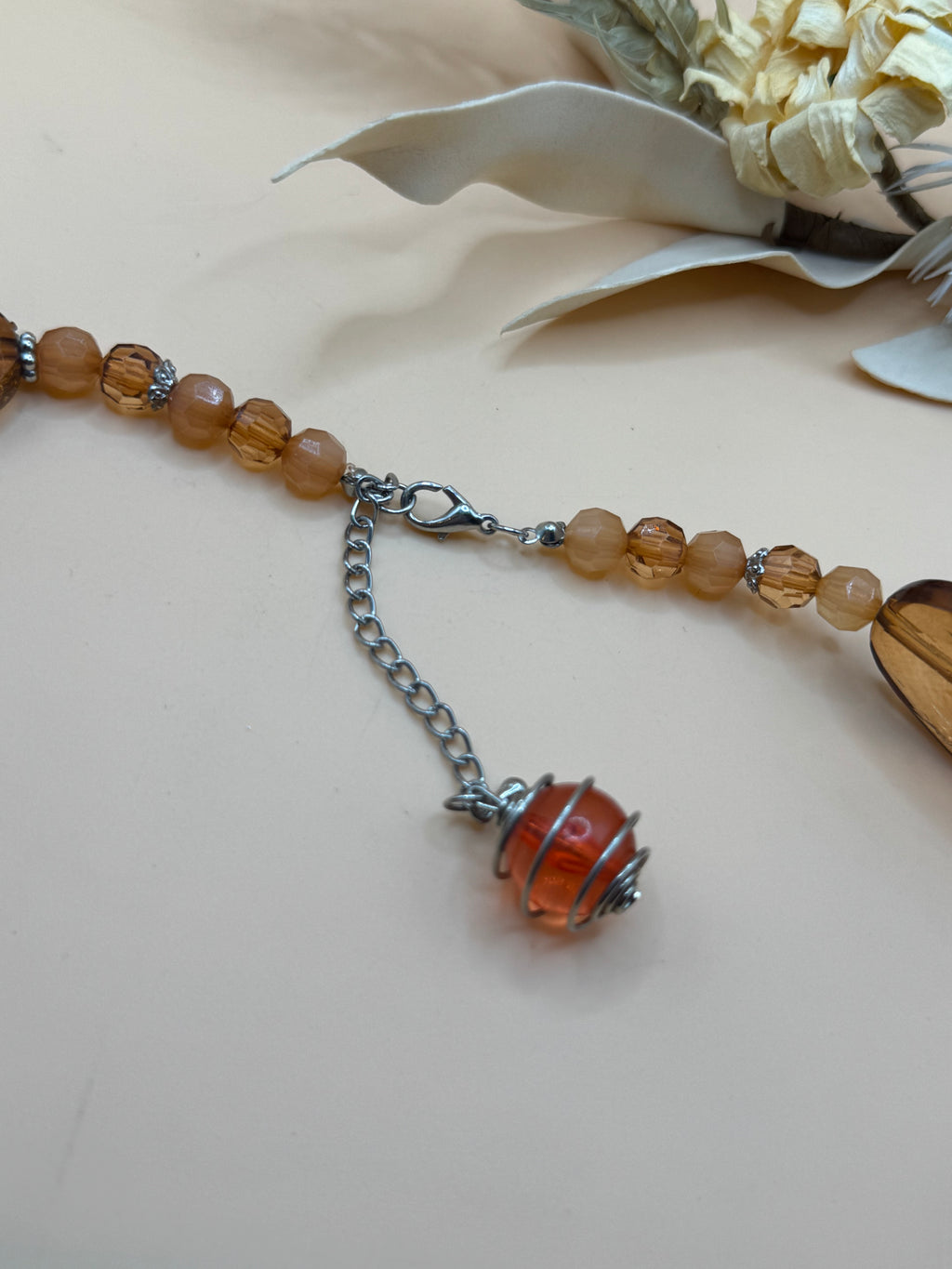 Amber Faceted Acrylic Bead Statement Necklace Silver Tone 24 Inch Adjustable
