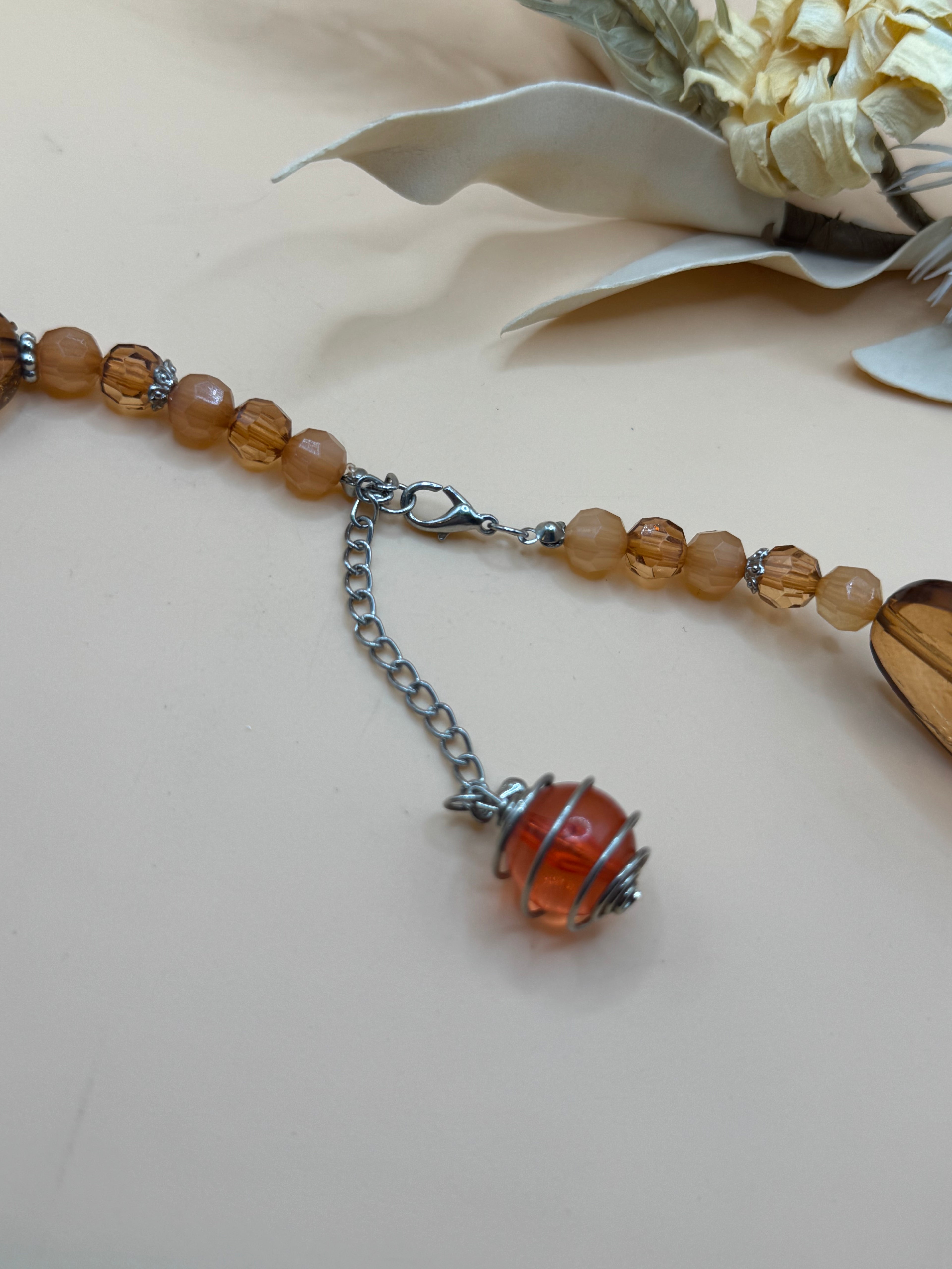 Amber Faceted Acrylic Bead Statement Necklace Silver Tone 24 Inch Adjustable