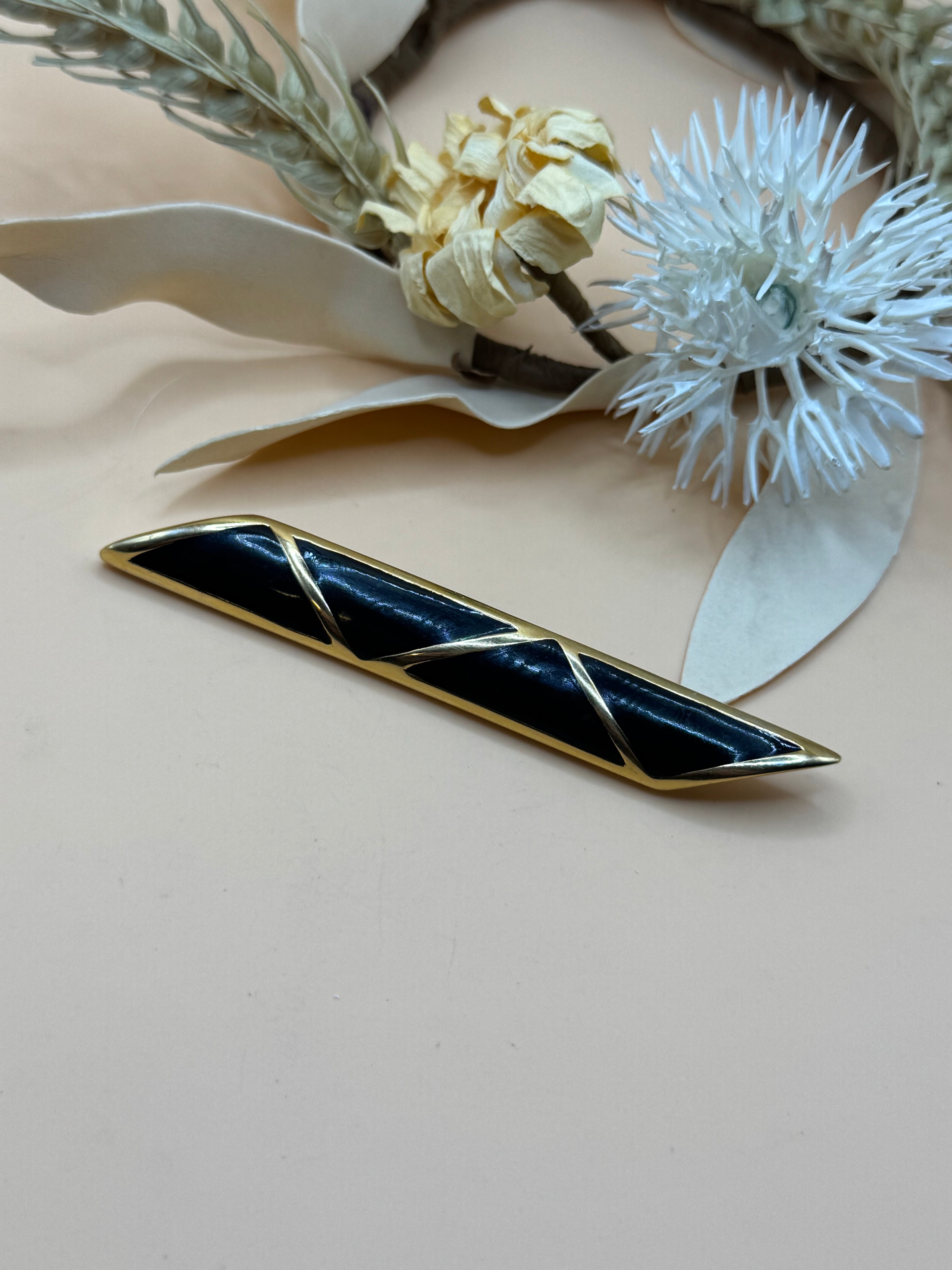 Radiance Black Enamel Gold Tone Bar Brooch Pin Vintage Signed Geometric Design