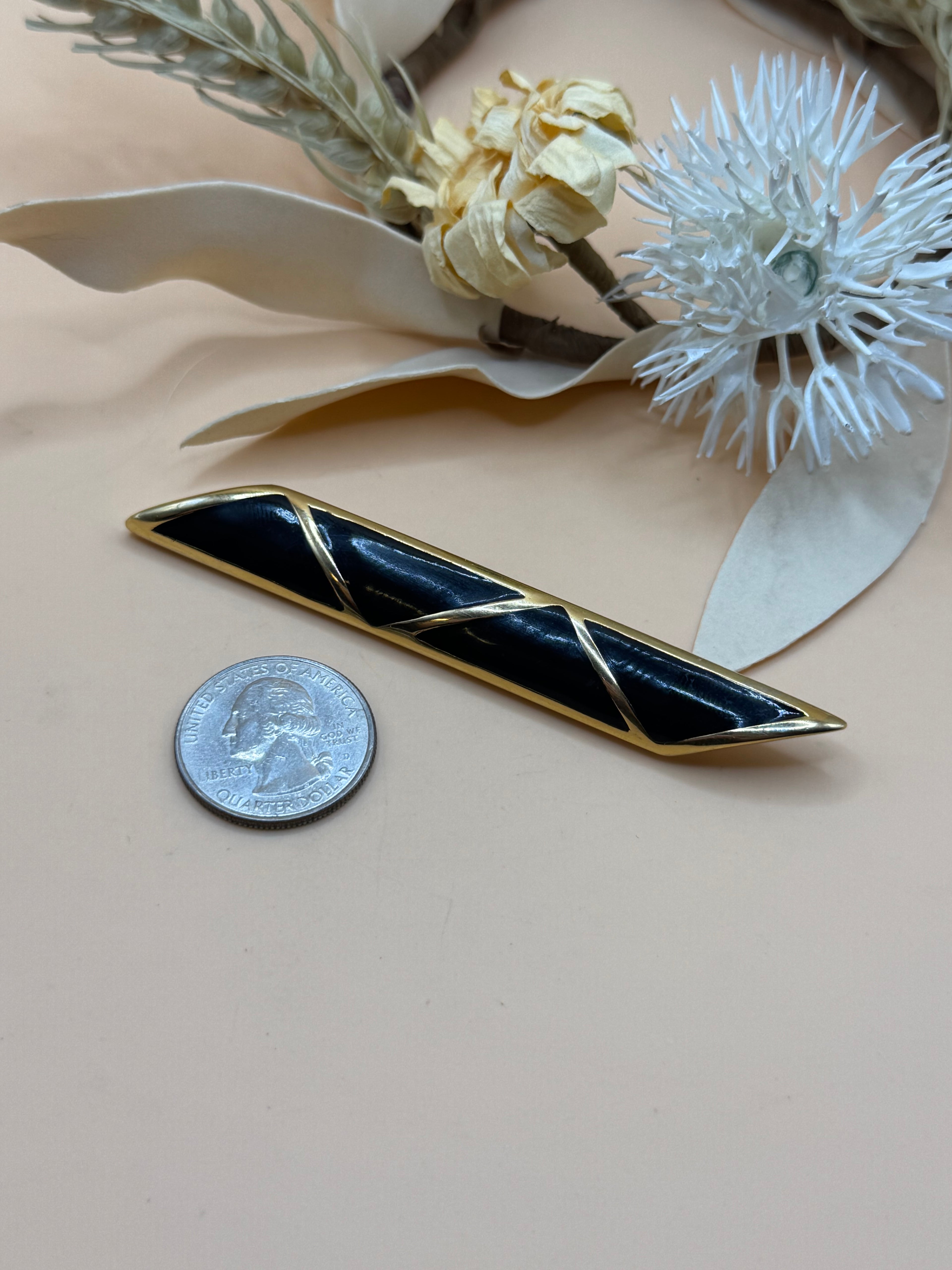Radiance Black Enamel Gold Tone Bar Brooch Pin Vintage Signed Geometric Design
