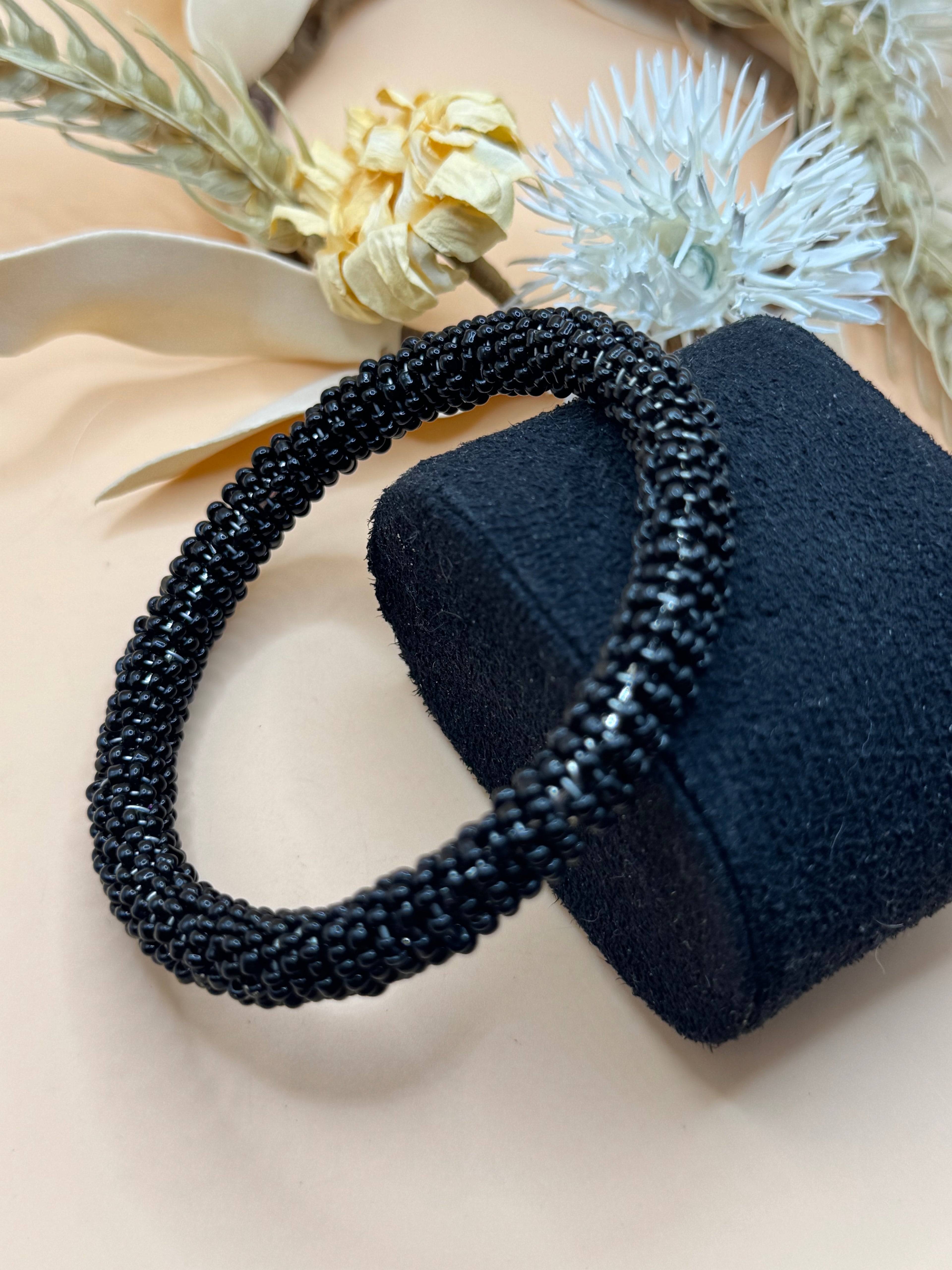 Black Seed Bead Bangle Bracelet Tubular Beaded Bracelet Boho Minimalist Jewelry