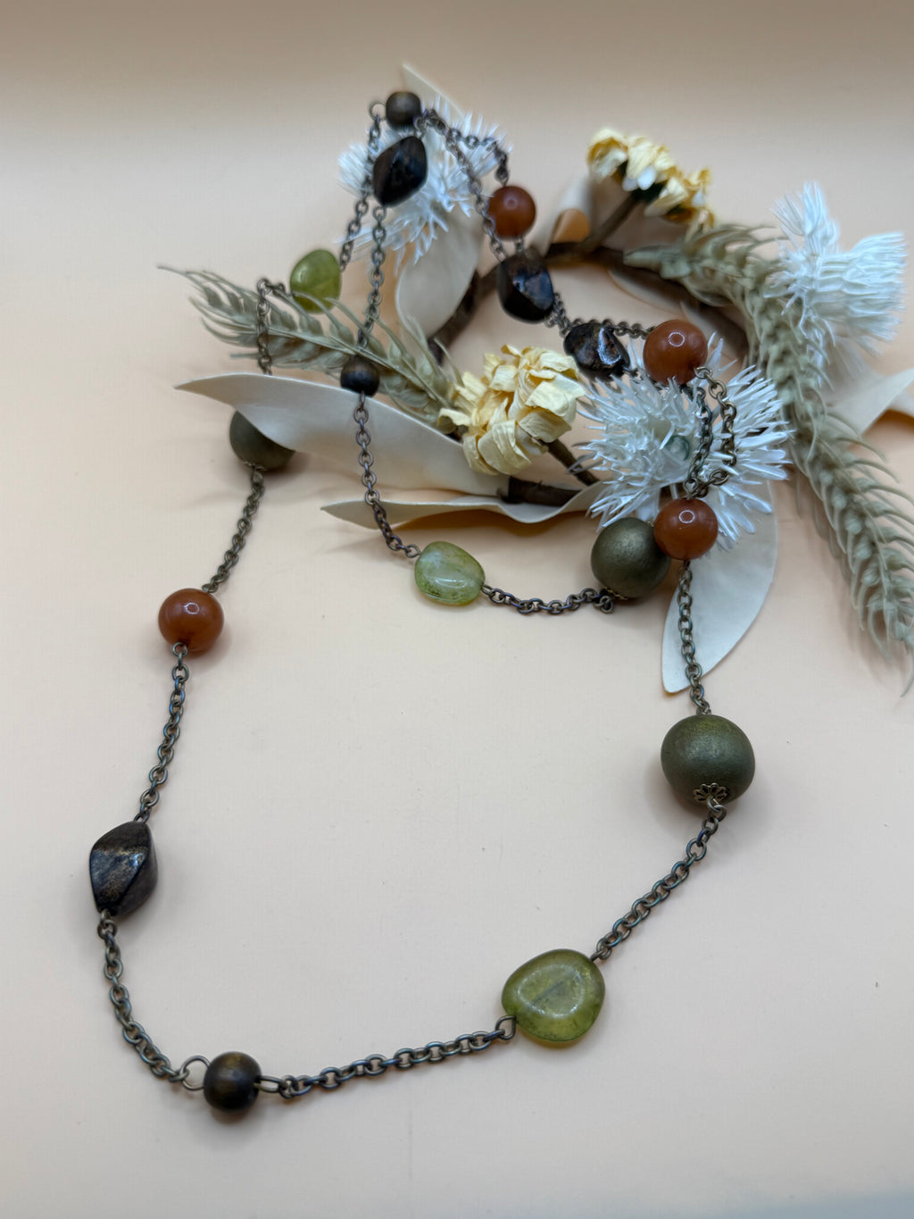 36” Mixed Acrylic Bead Station Necklace Brown Green Gold Tone Long Layering