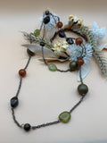 36” Mixed Acrylic Bead Station Necklace Brown Green Gold Tone Long Layering