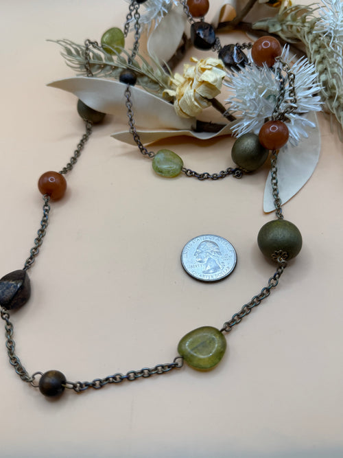 36” Mixed Acrylic Bead Station Necklace Brown Green Gold Tone Long Layering