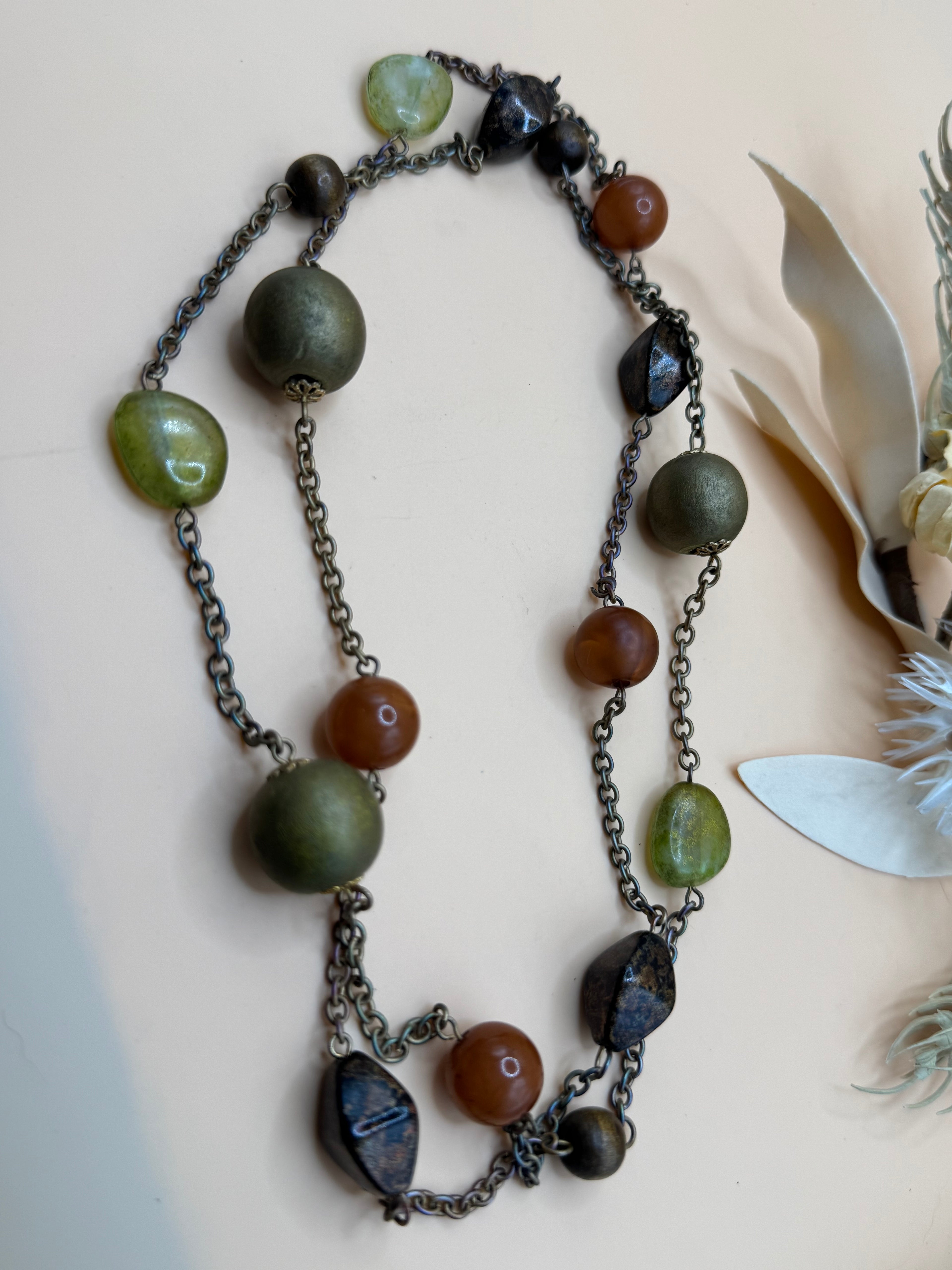 36” Mixed Acrylic Bead Station Necklace Brown Green Gold Tone Long Layering