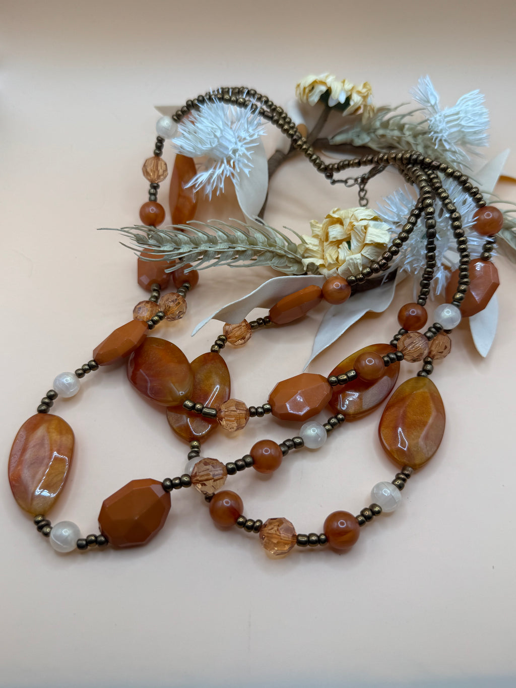 14” Multi Strand Brown White Acrylic Bead Necklace Bronze Tone Adjustable Chain