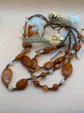 14” Multi Strand Brown White Acrylic Bead Necklace Bronze Tone Adjustable Chain