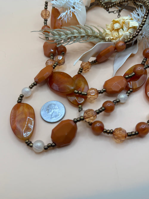 14” Multi Strand Brown White Acrylic Bead Necklace Bronze Tone Adjustable Chain