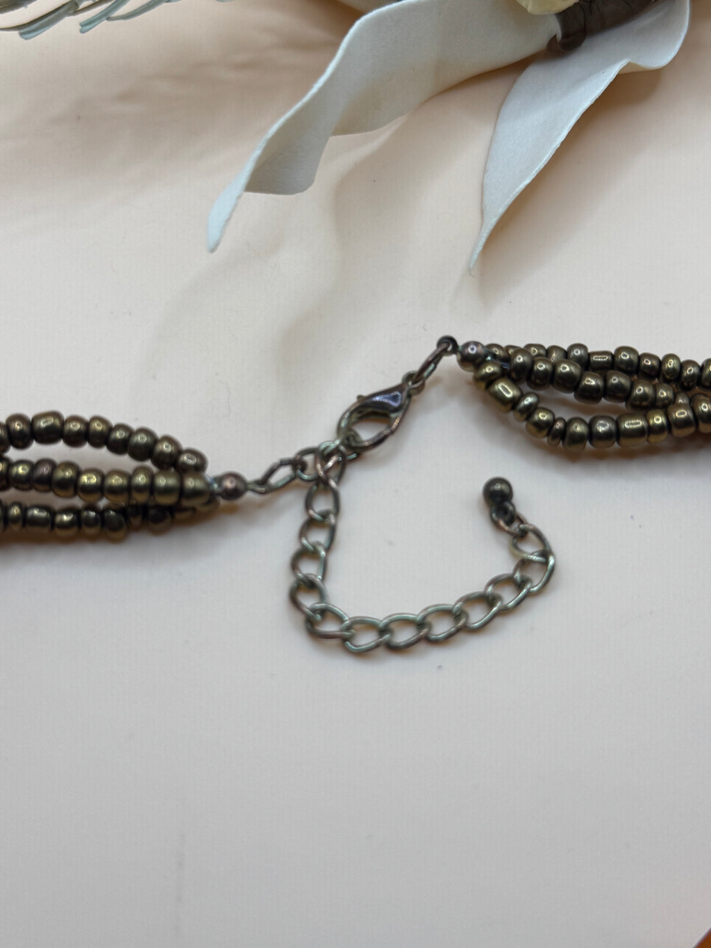 14” Multi Strand Brown White Acrylic Bead Necklace Bronze Tone Adjustable Chain