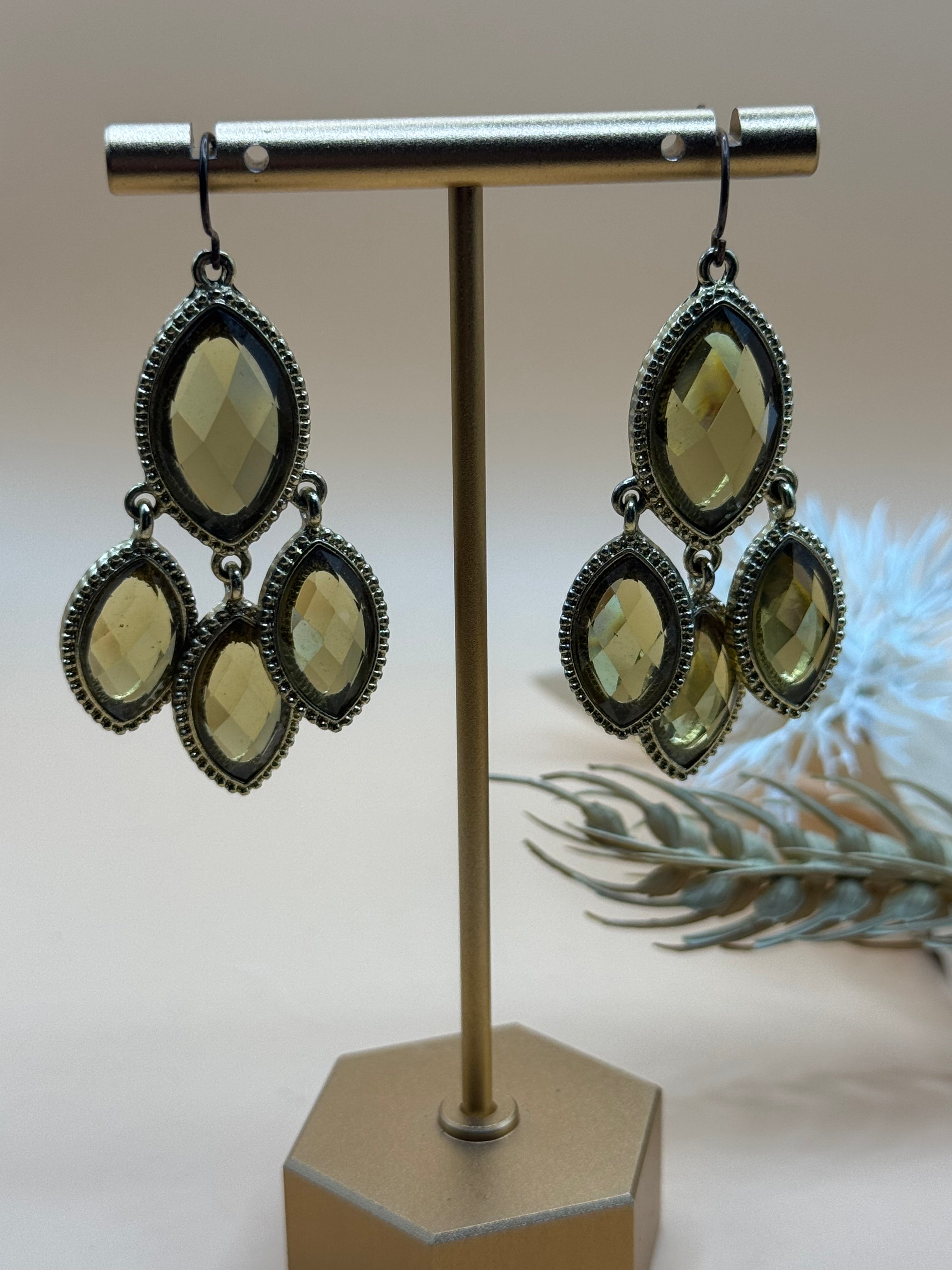Gold Tone Yellow Faceted Stone Chandelier Drop Earrings Statement Jewelry
