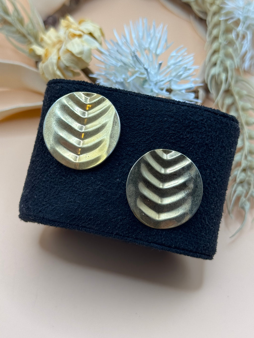 Vintage Gold Tone Textured Chevron Disc Stud Earrings Statement Jewelry