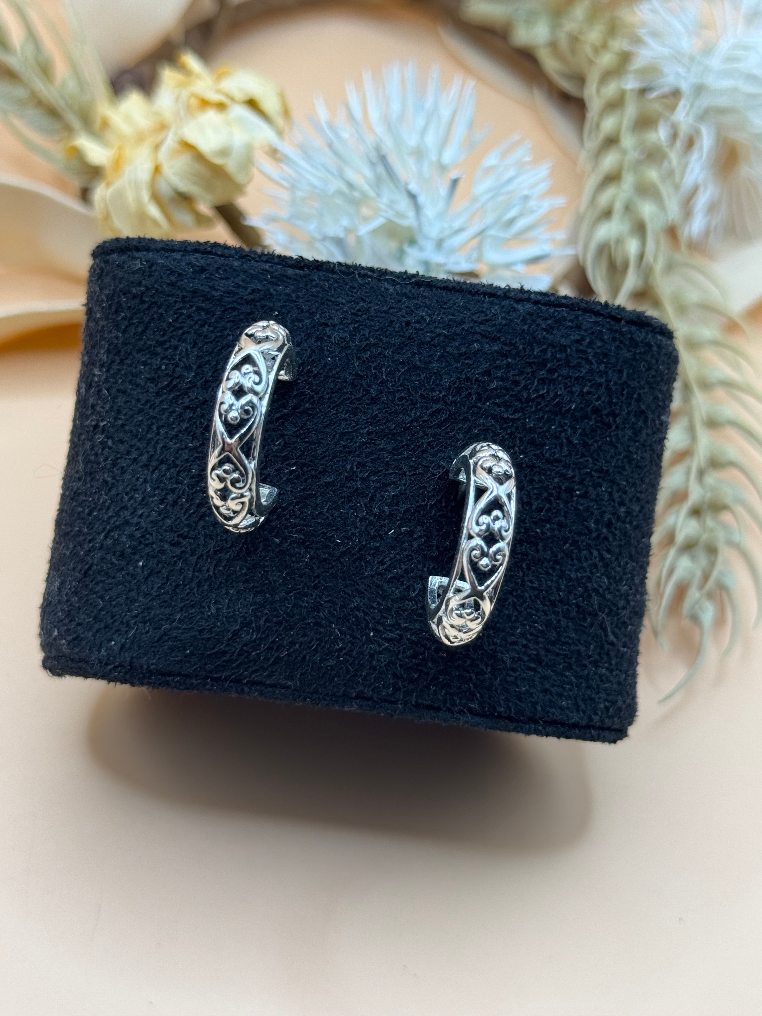 Silver Tone Filigree Hoop Earrings Ornate Detailed Statement Jewelry