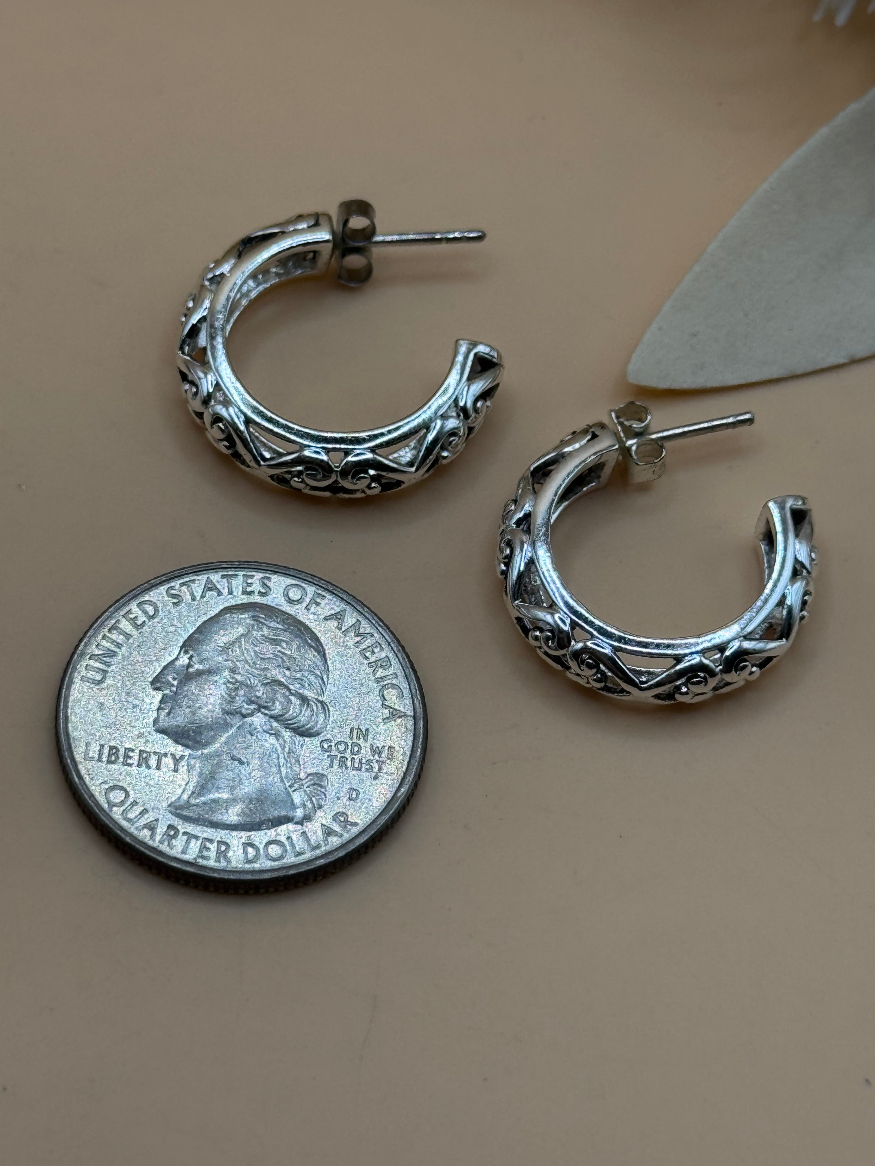 Silver Tone Filigree Hoop Earrings Ornate Detailed Statement Jewelry